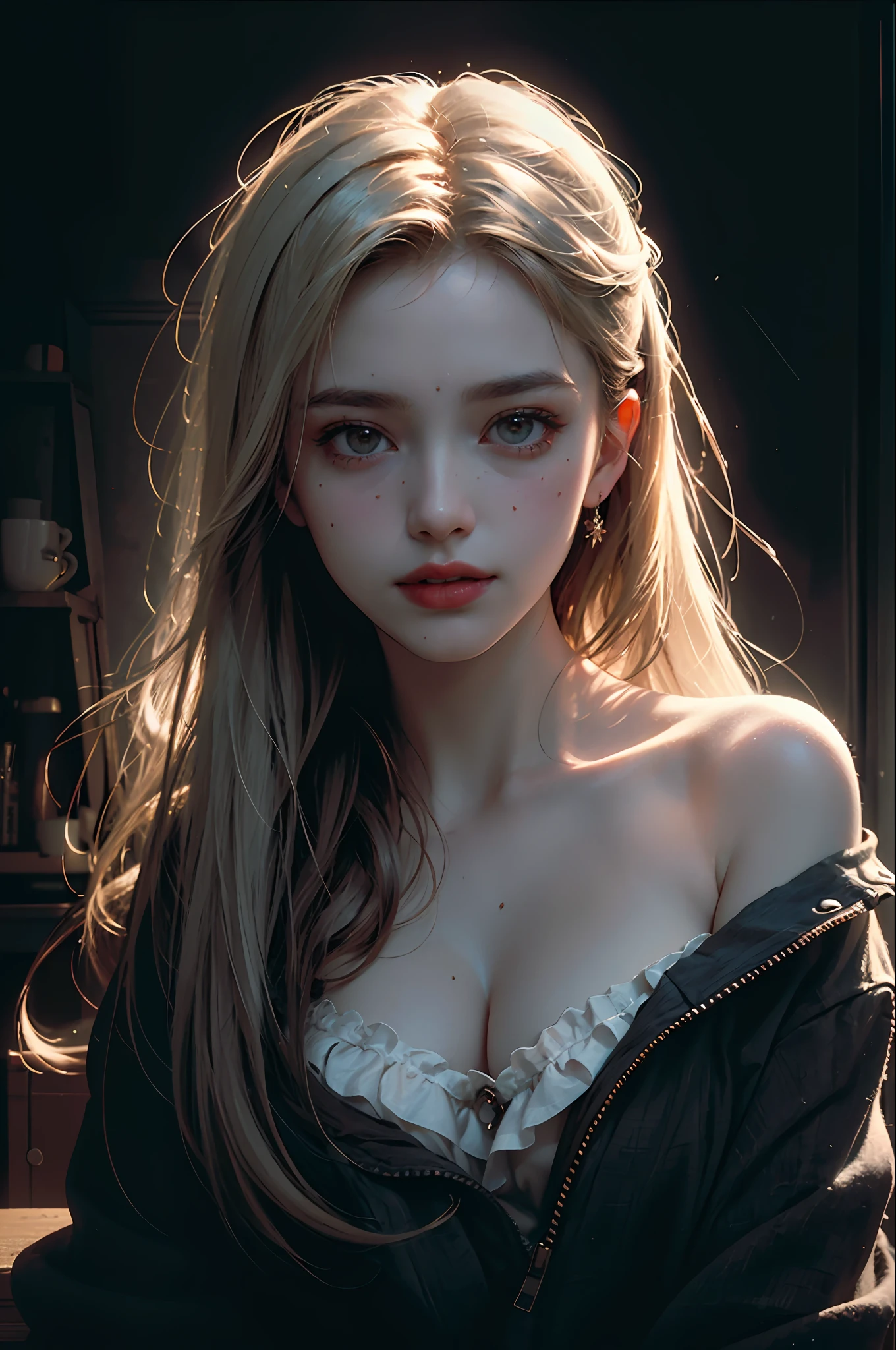 ((You may be one person to the world but you may also be the world to one person, paradox, Adrian Ghenie, jenny saville, edward hopper, dark art by James Jean, Takato Yamamoto)),(RAW photo, best quality), ((Nostalgia,1980s syle)),(A girl with a literary atmosphere:1.2),(realistic, photo-realistic:1.3), extremely delicate and beautiful, Amazing, finely detail, masterpiece, ultra-detailed, highres,best illustration, best shadow,intricate,depth of field,1girl,(long legs:1.4),long hair,messy hair,((((low key,dark scene,dimly lit)))),fat,(((soft lighting:1.4))),(pale skin:1.4),(shy smile),(cinematic angle),sharp focus, volumetric fog, 8k UHD, DSLR, high quality,( film grain:1.4), Fujifilm XT3,(looking at viewer)