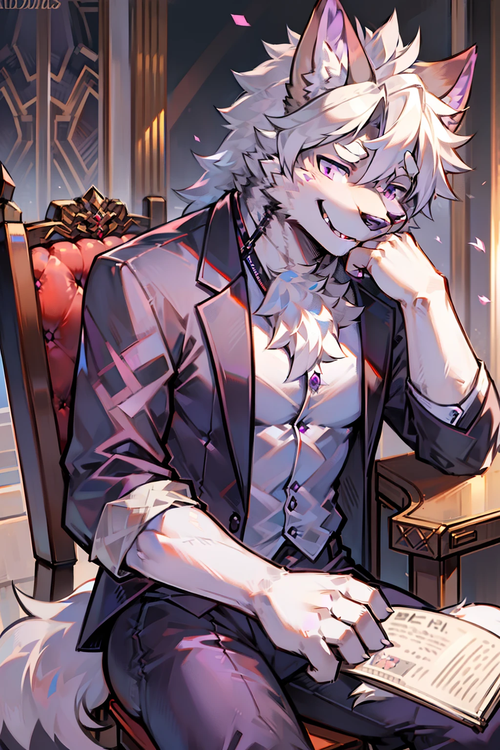 solo person,shaggy male,hairy bodies,shoun,coyote,canid,grey fur,Long white hair,The ends of the hair are purple,Purple eye,Bind your hands,Bullied,adolable,Handsome,large tail,full bodyesbian,Business suit,in company,Pushed down on a chair by subordinates,kisses