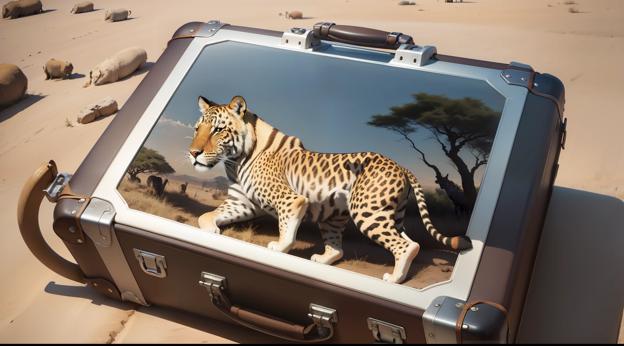 Suitcase with a picture of safari animals in africa on it. The background should be safari.