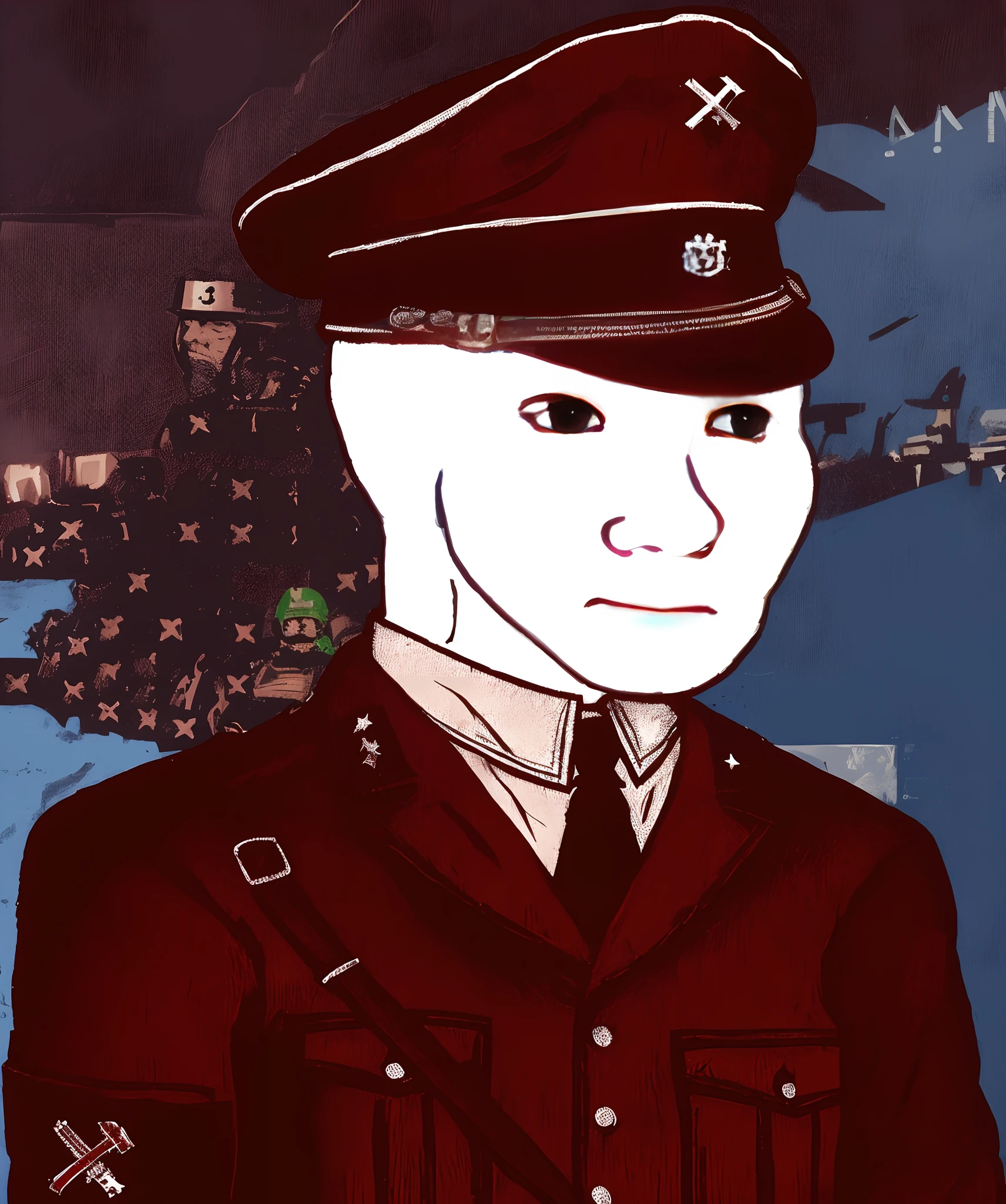 There is a drawing of a man in a uniform and hat, Portrait "Iron Hearts", Iron hearts in portrait style, World War 2, an angry muscular army general, Portrait of a Mad General, Fascist Police, with a lot of scale, Alternate history, Battered, Warhammerrer, Captain