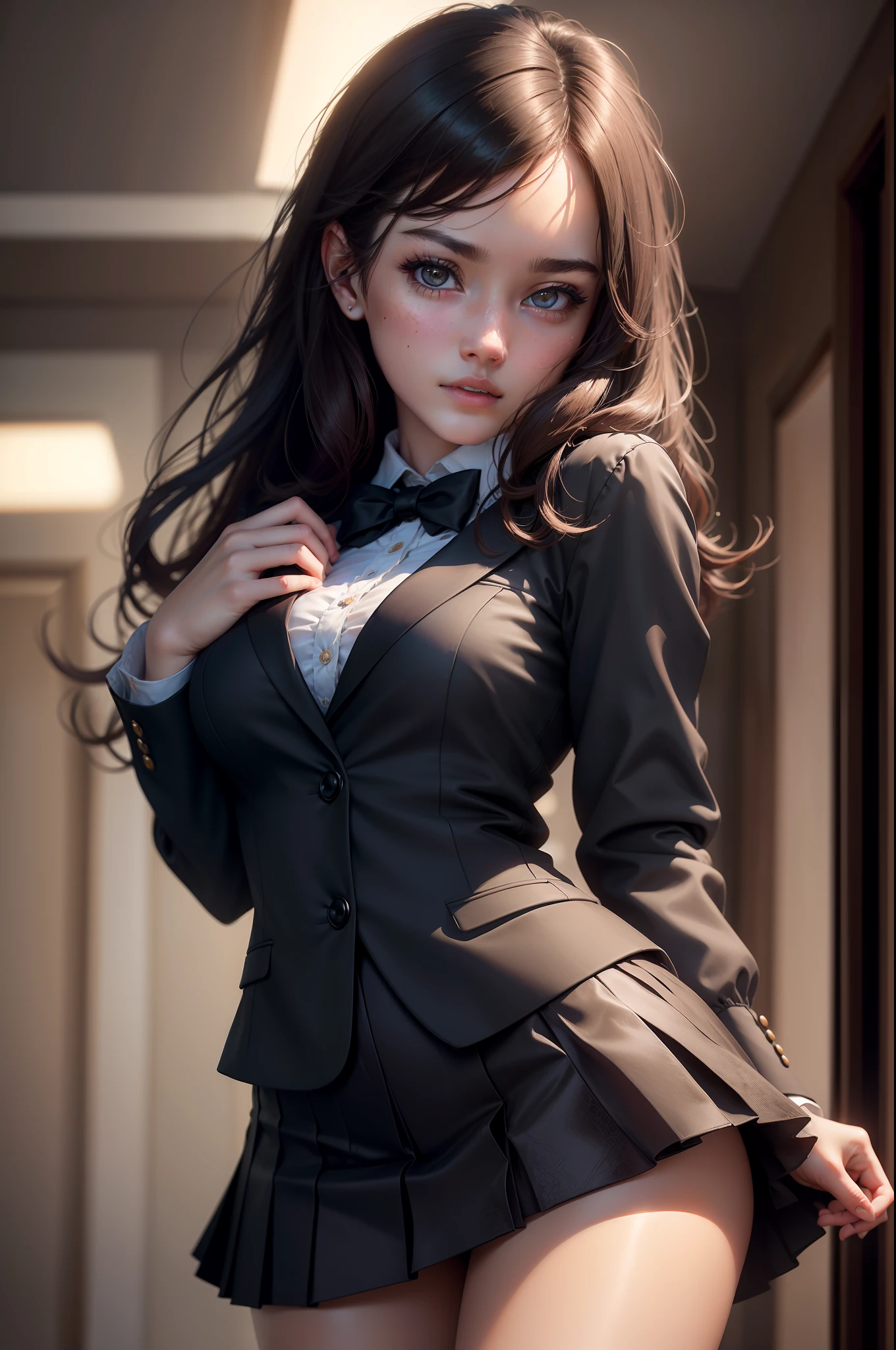best quality, masterpiece, 1girl, Beautiful face, (photo realistic:1.3), rim lighting, (high detailed skin:1.2), 8k uhd, dslr, high quality, high resolution, 4k, 8k, Bokeh, absurdres, best ratio four finger and one thumb, (realistic:1.3), cute 1girl, wearing black formal blazer, medium breasts, short skirt,