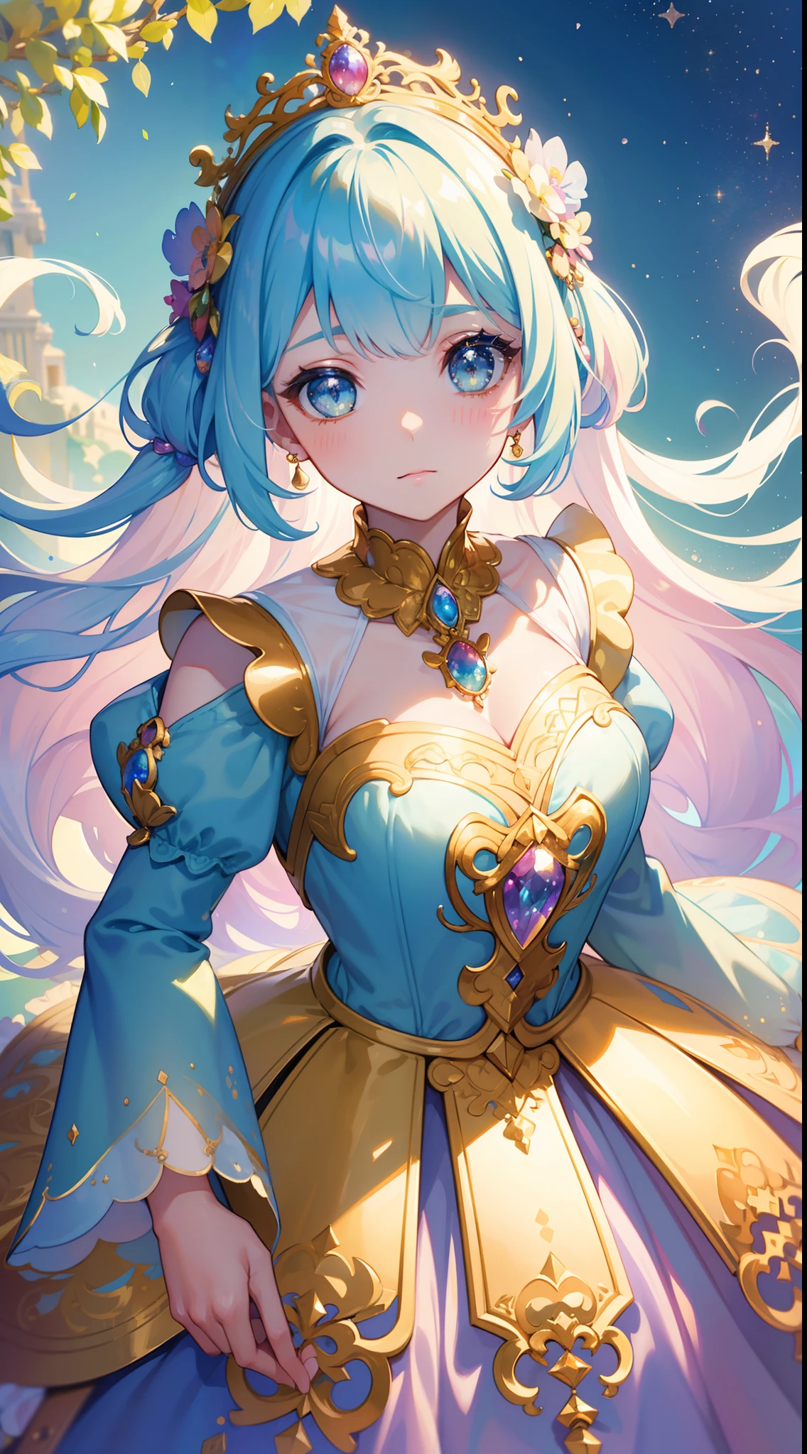 masterpiece, best quality, 8k resolution, sharp focus, intricate detail, beautiful girl, sparkling eyes, golden ratio face, otherworldly liquid, watercolor, pastel colors, bright colors, whimsical, colorful, sharp focus, high resolution, fine detail, ((layered tiered puffy long sleeves ballgown)), ((round eyes)), iridescent bubbles, fantasia background