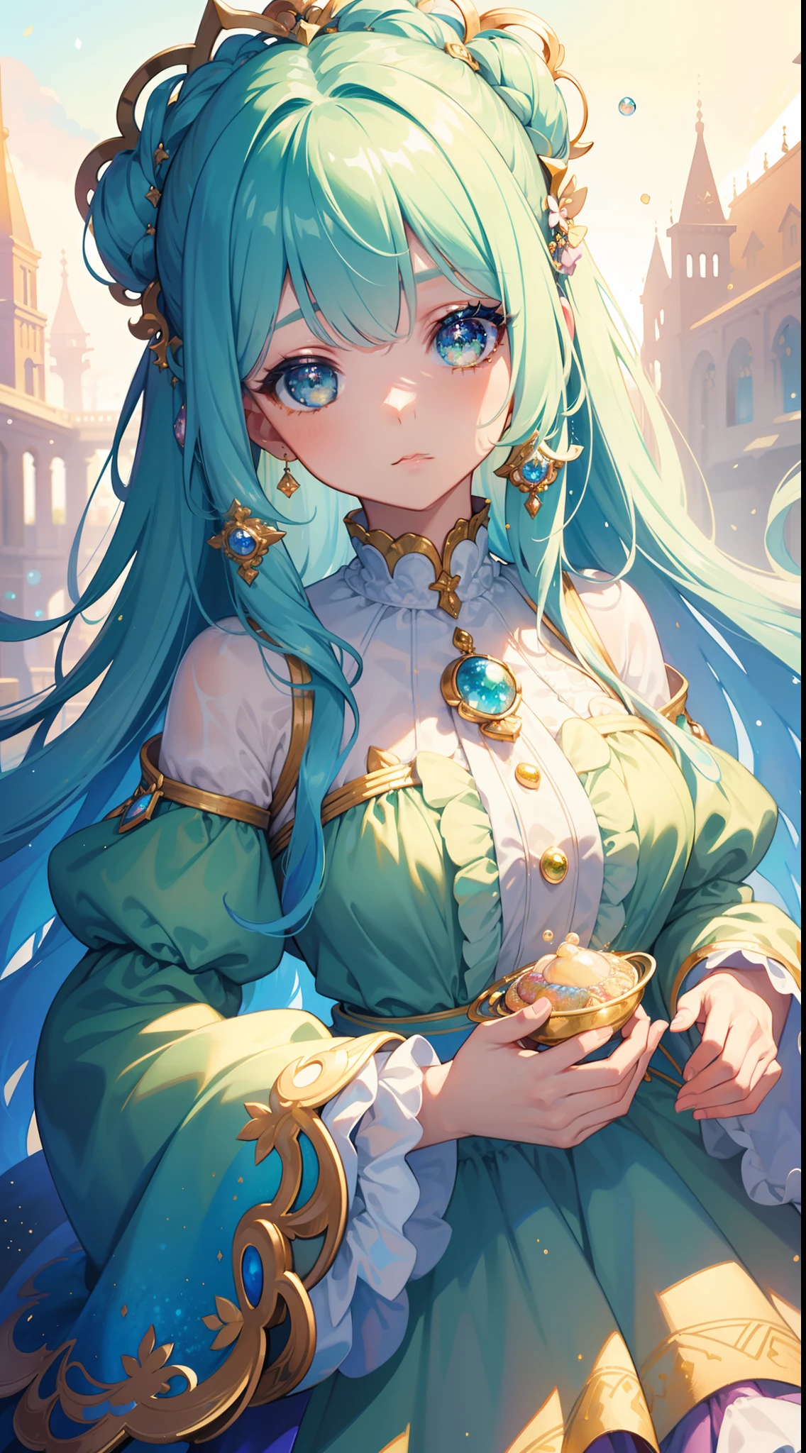 masterpiece, best quality, 8k resolution, sharp focus, intricate detail, beautiful girl, sparkling eyes, golden ratio face, otherworldly liquid, watercolor, pastel colors, bright colors, whimsical, colorful, sharp focus, high resolution, fine detail, ((layered tiered puffy long sleeves ballgown)), ((round eyes)), iridescent bubbles, fantasia background