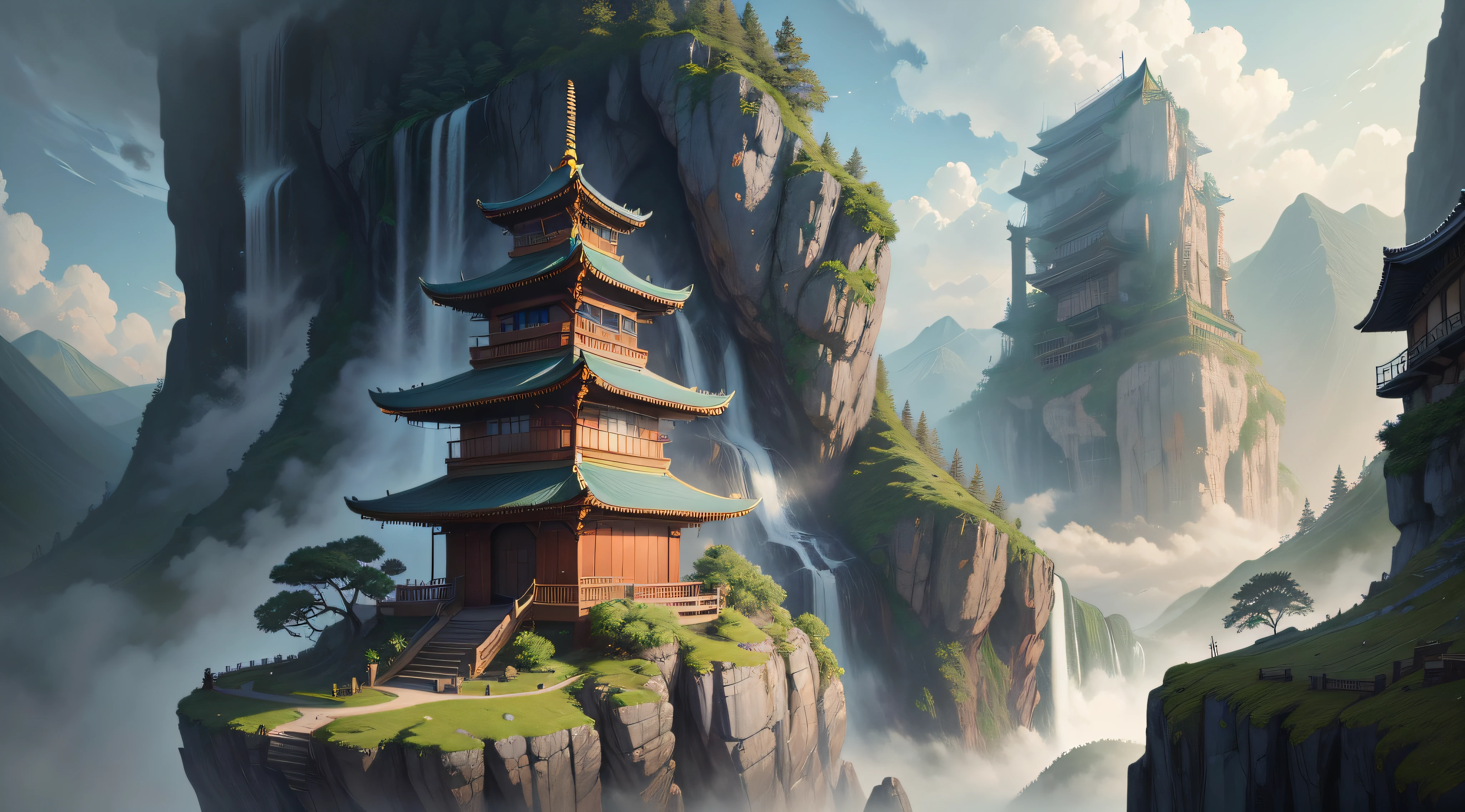 There is a painting of a house with a waterfall on the mountain, Detailed digital painting, digital painting concept art, inspired by Josetsu, high detail digital painting, digital painting of a pagoda, Inspired by Yoshida Hanbei, Stylized digital illustration, very detailed digital painting, environment painting, rob rey and kentarõ miura style, beautiful digital painting