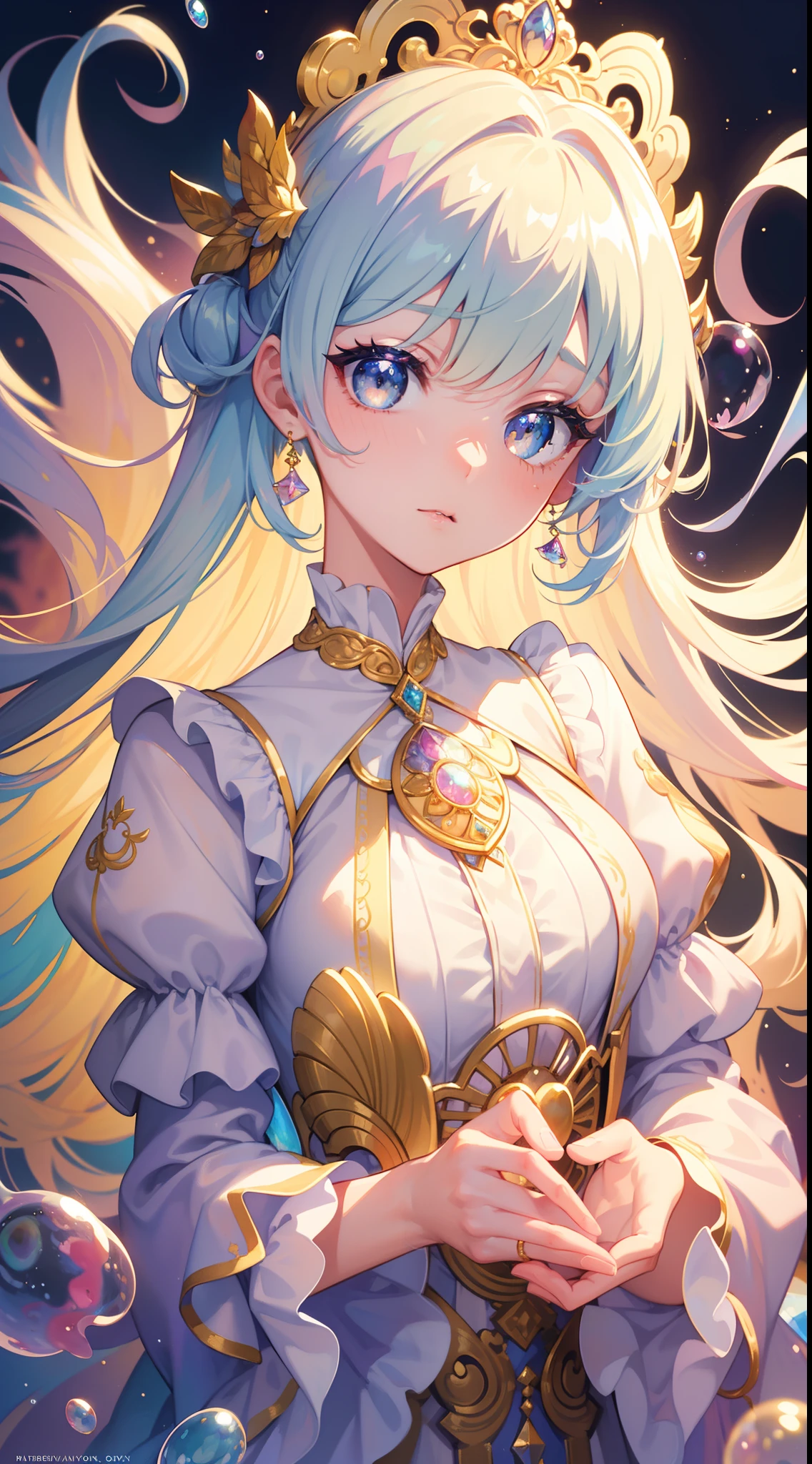 masterpiece, best quality, 8k resolution, sharp focus, intricate detail, beautiful girl, sparkling eyes, golden ratio face, otherworldly liquid, watercolor, pastel colors, bright colors, whimsical, colorful, sharp focus, high resolution, fine detail, ((layered tiered puffy long sleeves ballgown)), ((round eyes)), iridescent bubbles, fantasia background