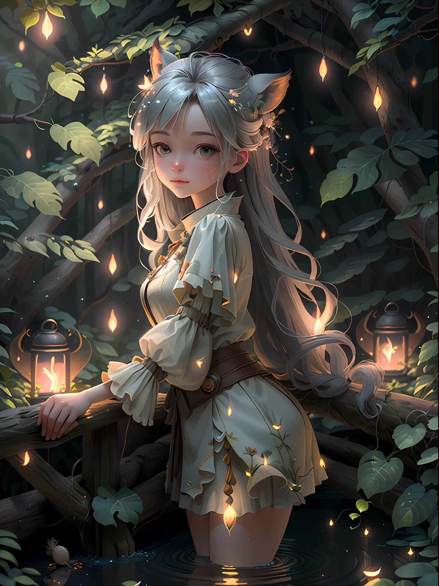Masterpiece, best quality, (very detailed CG unity 8k wallpaper), (best quality), (best illustration), (best shadows), glow sprite, with a glowing deer, in the swimming pool Drinking water, natural elements in the forest theme. Mysterious forest, beautiful forest, nature, surrounded by flowers, delicate leaves and branches surrounded by fireflies (natural elements), (jungle theme), (leaves), (twigs), (fireflies), (particle effects) etc. 3D , Octane rendering, ray tracing, super detailed