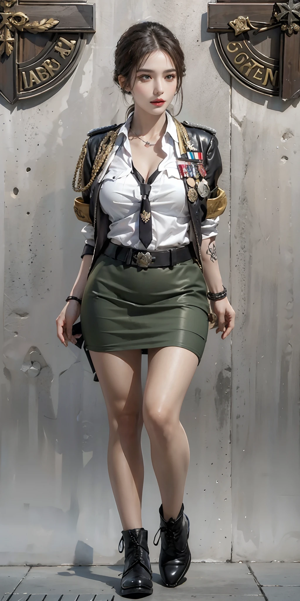 photorealistic, high resolution, soft light,1women, solo, hips up, (detailed face),tattoo, jewelry, badge, necktie, german/(military uniform/), pencil skirt