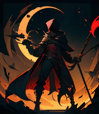 male people，On his shoulder was a three-meter-long scythe with a front end and a one-meter crescent-like moon，Wearing a black and red hood，With a hood, people can't look at it，The backdrop is a city that is broken and deserted like the apocalypse
