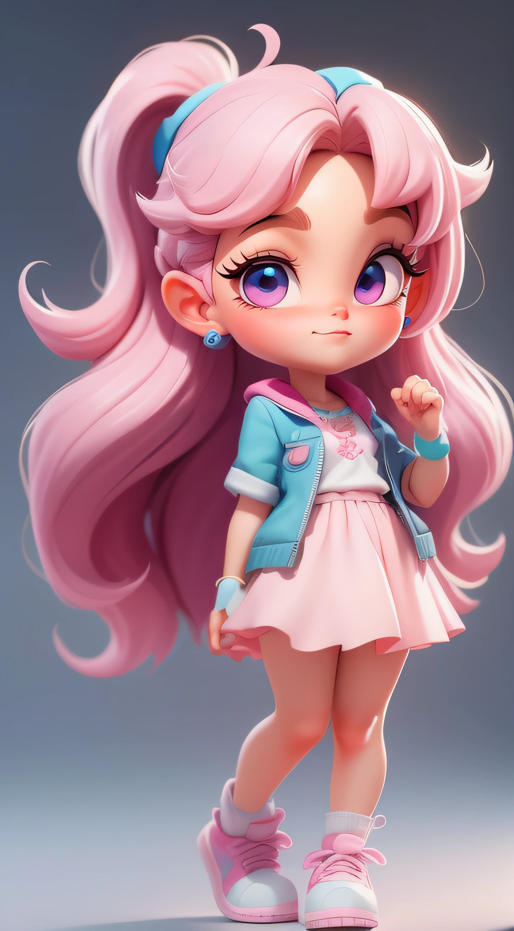 Cute school uniform theme,Create a collection of cute style chibi dolls, Each with tons of detail and 8K resolution. All dolls should follow the same solid color background pattern and be complete within the image, exhibit (whole body, including legs: 1.5)
mini ballerina doll: call her Marina. Her hair must be purple, stuck in double bun. Your eyes should be large and expressive, long eyelashes and rosy cheeks. Smile is delicate and white. modern accessories. Marina must wear boots. Certifique-se de adicionar detalhes nas clothing, like skirt and gloss, Cute sneakers must be shaded, Hair texture and details, clothing, Ballet paraphernalia, Make them more cute and charming.