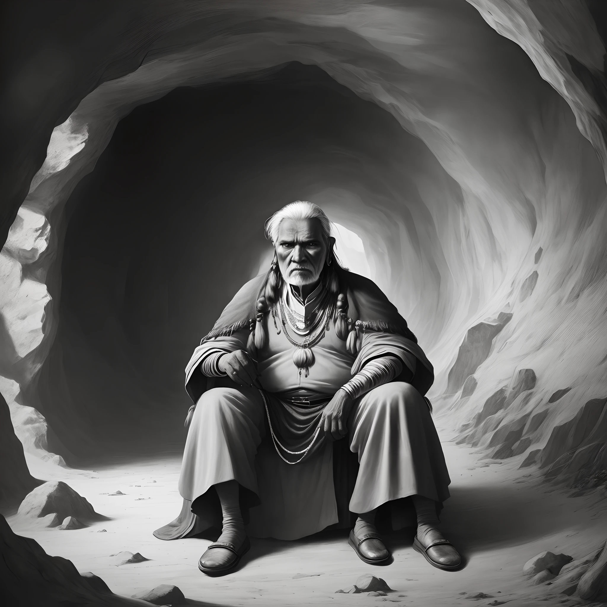 a black and white painting of an old chieftain sitting in a cave surrounded by other Indians