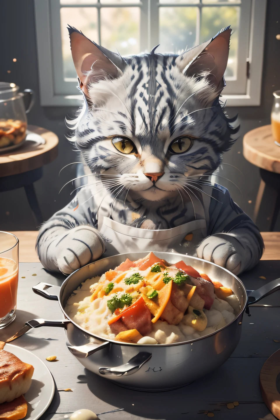 fotografia em close-up de (Gray tabby cat is preparing food on the table:1.2), (c4ttitude:1.3), na cozinha glasstech, detalhes hiper realistas e intrincados, (nebuloso:1.1), pov de baixo