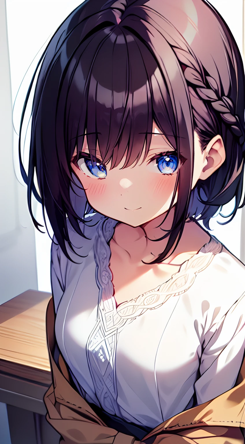 masutepiece, Best Quality,Illustration, Wallpaper, Ultra Detail, 1girl in,Solo,Beautiful detailed eyes,Very thick contour lines、Medium Short-Cut Hair、Short, Braided hair、(student clothes)、Dark hair color、a serene smile、Kamimei、Overlooking angle:1.2、small head、ample breasts