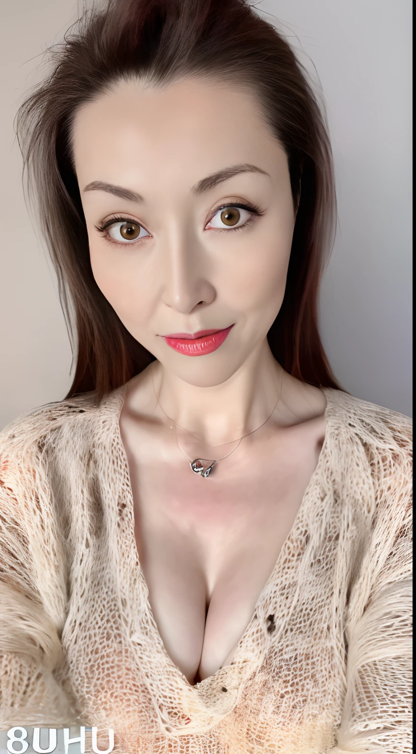 (Best quality, 8k, 32k, Masterpiece, UHD:1.2),Photo of Pretty woman, large breasts, upper body,face focus,oversized_sweater, necklace, simple background, from above, looking at viewer, (:1.1), (nsfw:1.5),