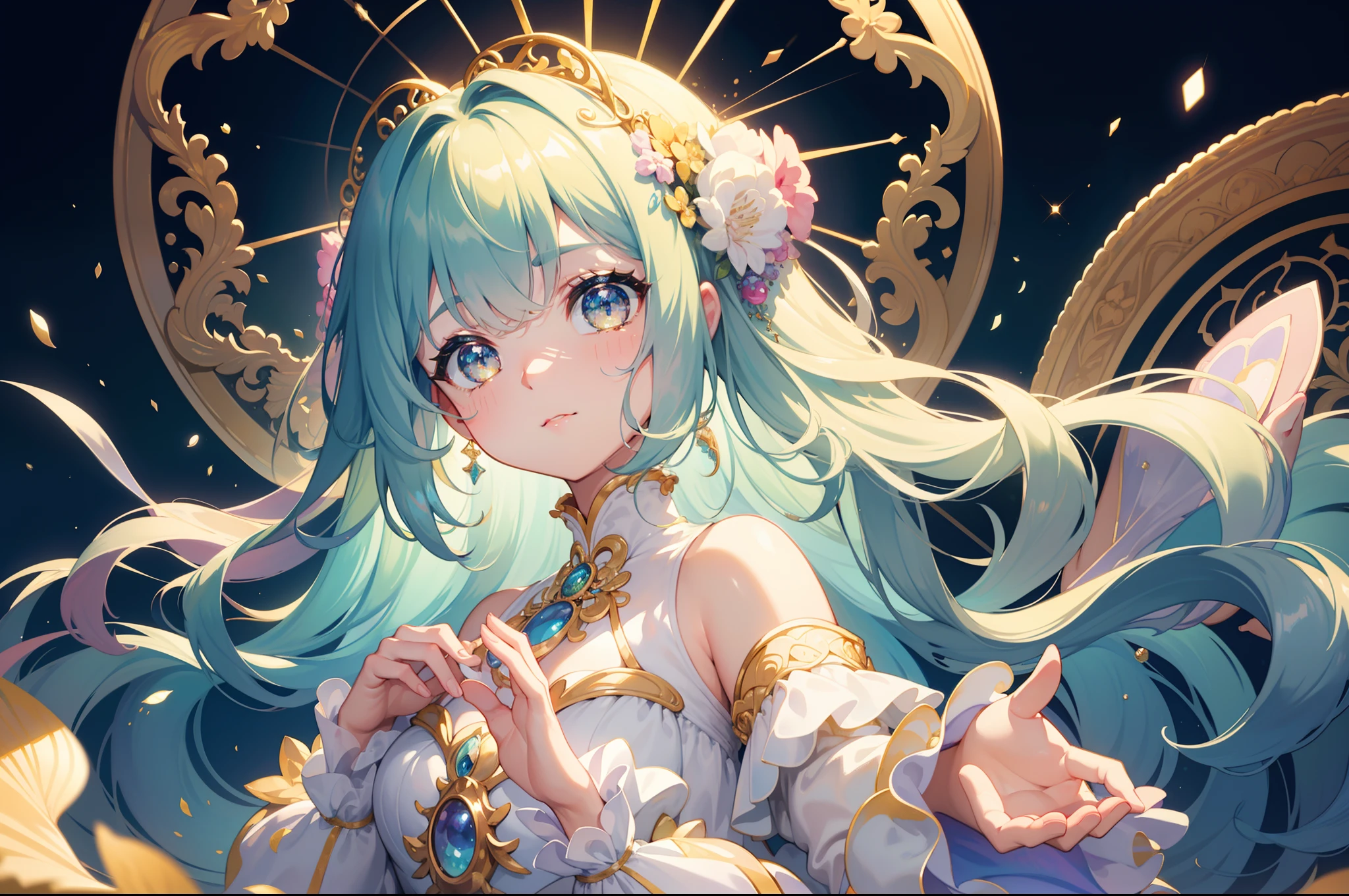 masterpiece, best quality, 8k resolution, sharp focus, intricate detail, beautiful girl, sparkling eyes, golden ratio face, otherworldly liquid, watercolor, pastel colors, bright colors, whimsical, colorful, sharp focus, high resolution, fine detail, ((layered tiered puffy long sleeves ballgown)), ((round eyes)), iridescent bubbles, fantasia background
