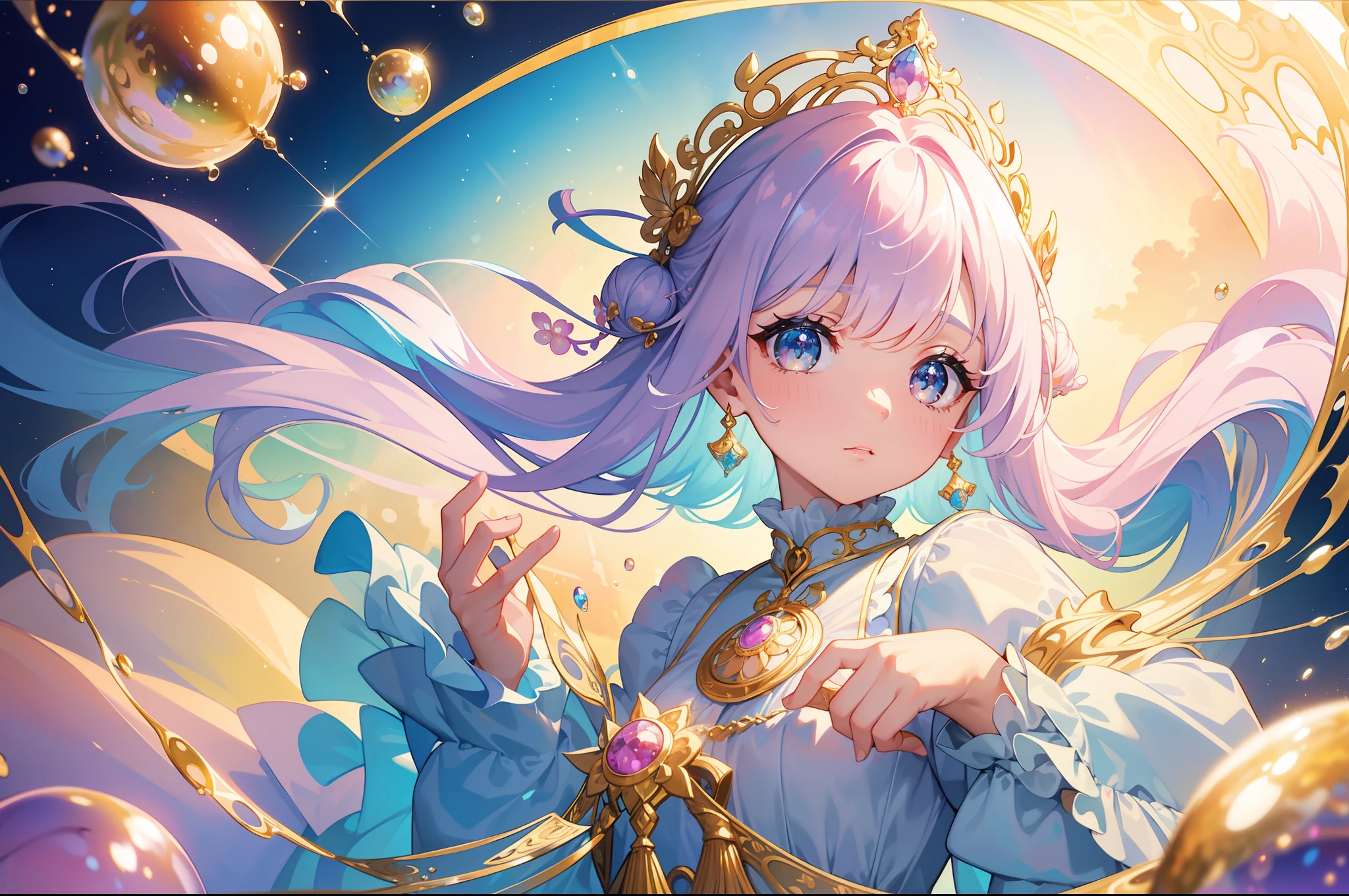 masterpiece, best quality, 8k resolution, sharp focus, intricate detail, beautiful girl, sparkling eyes, golden ratio face, otherworldly liquid, watercolor, pastel colors, bright colors, whimsical, colorful, sharp focus, high resolution, fine detail, ((layered tiered puffy long sleeves ballgown)), ((round eyes)), iridescent bubbles, fantasia background