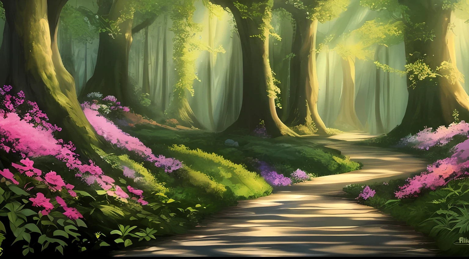 painting of a path in a forest with flowers and trees, Arte de fundo, desenho florestal elegante, arte de fundo, arte de fundo do anime, anime exuberante john 8k madeiras, caminho da floresta, Fundo da floresta do elfo, Fundo do anime, Papel de parede de arte conceitual 4K, arte conceitual de pintura digital, pintado como uma arte conceitual de jogo, caminho, pintura detalhada 4K, magical forest backround, natureza anime