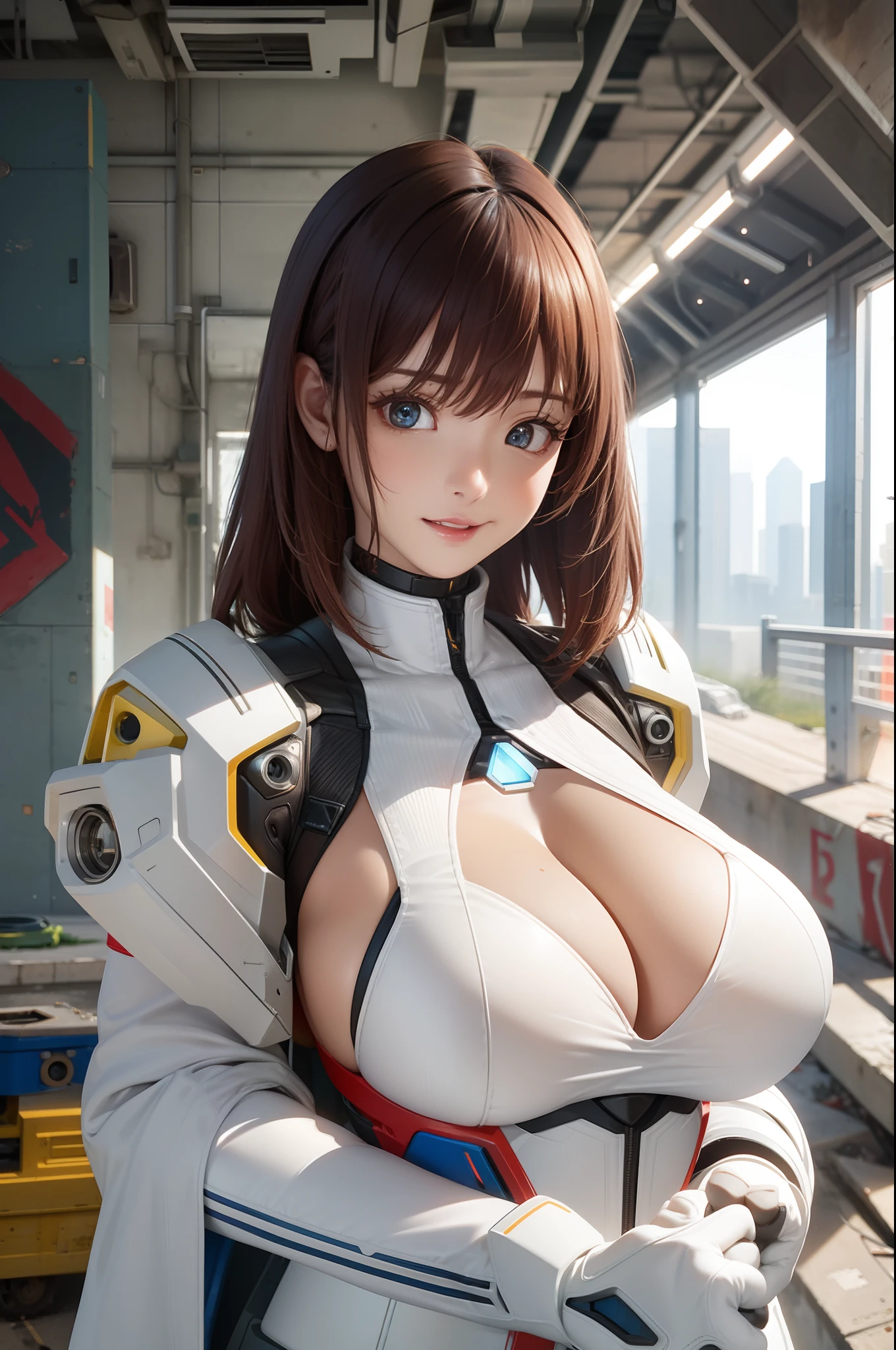 （（best qualtiy））， （（tmasterpiece））， （The is very detailed：1.3）， 3D， Shitu-mecha， Beautiful cyberpunk woman with her mech in dilapidated factory building，Future technology， HDR（HighDynamicRange）， Ray traching， NVIDIA RTX， Hyper-Resolution， Unreal 5， sub surface scattering， PBR Texture， post-proces， Anisotropic filtering， depth of fields， Maximum clarity and sharpness， Many-Layer Textures， Albedo e mapas Speculares， Surface Coloring，Accurately simulate light-material interactions，perfectly proportions，rendering by octane，twotonelighting，Low ISO，White balance，trichotomy，Wide aperture，8K RAW，High-Efficiency Sub-Pixel，sub-pixel convolution，Luminous Particle，Light scattering，Tyndall effect，gigantic cleavage breasts，Colossal tits，The groove exposes the original skin