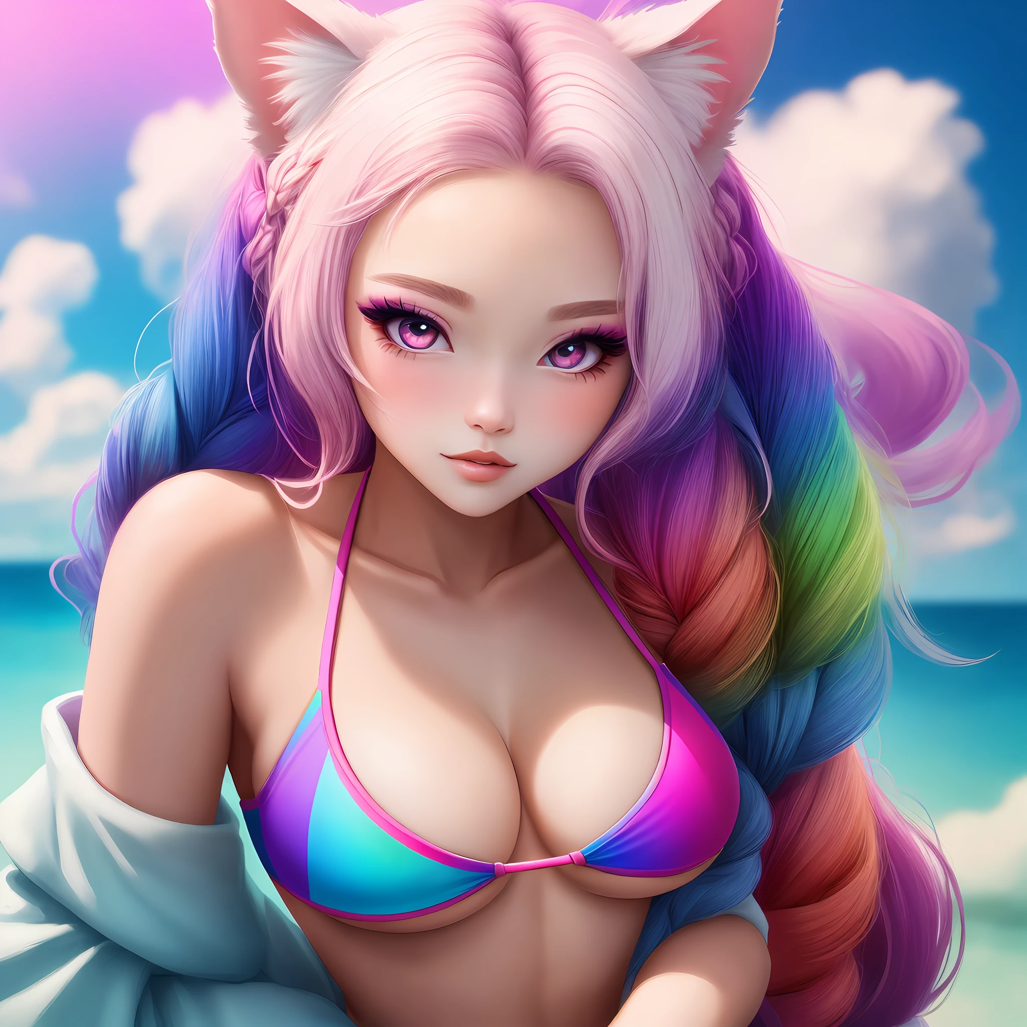 1个Giant Breast Girl,Long hair in rainbow colors,Rainbow lines,Rainbow-colored loose long hair slightly curly,White animal ears,Cat ears,Twist braids,Pink eyes,Long curled eyelashes,in a bikini,Exquisite makeup,Bright colors,cute-style,Close-up of the head,with rainbow colored background