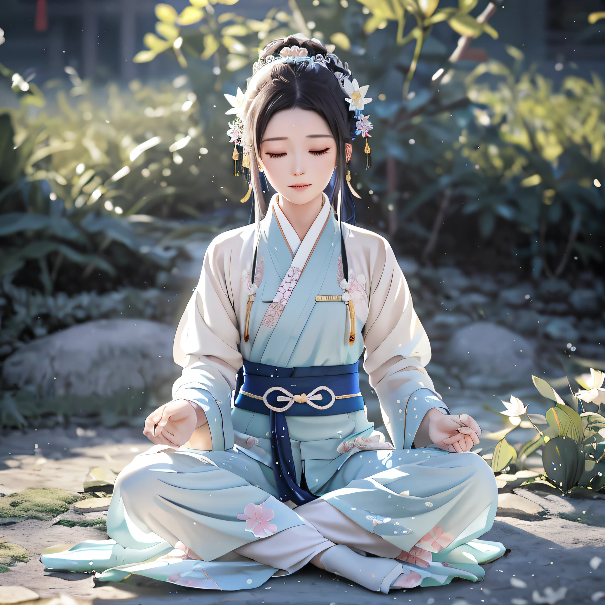 A woman in a blue and white kimono sits in the place of a lotus, Palace , A girl in Hanfu, Hanfu, White Hanfu, Wearing ancient Chinese clothes, with acient chinese clothes, Traditional Chinese clothing, Chinese costume, dressed in simple robes, tranquil and graceful, traditional tai costume, wearing a long flowing robe, full-body xianxia, Inspired by Qiu Ying,It exudes a golden light
