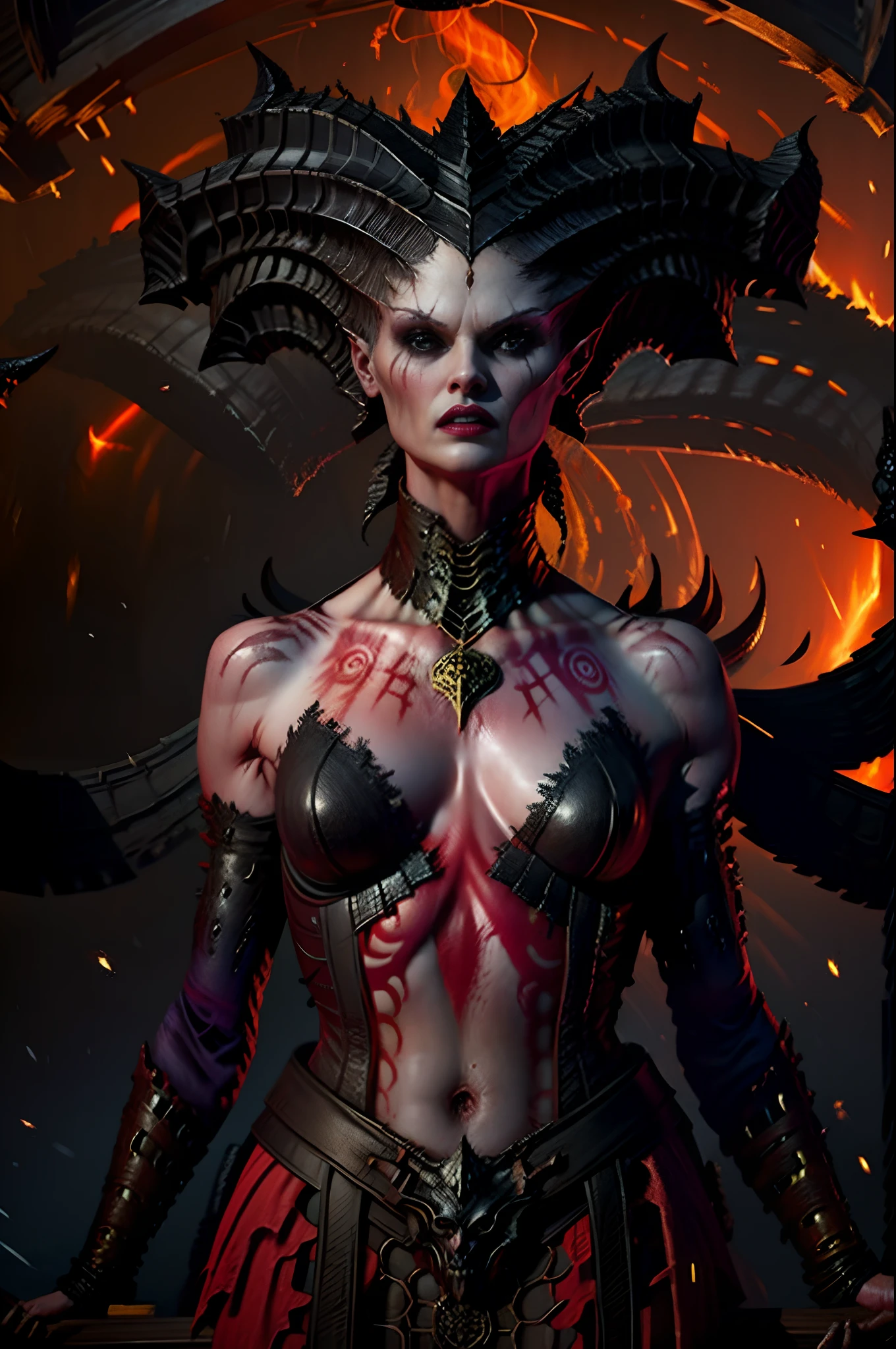 Lilith inside a church, fire, lightning, blood, whole body, in the style of D14bl0 red dramatic lights