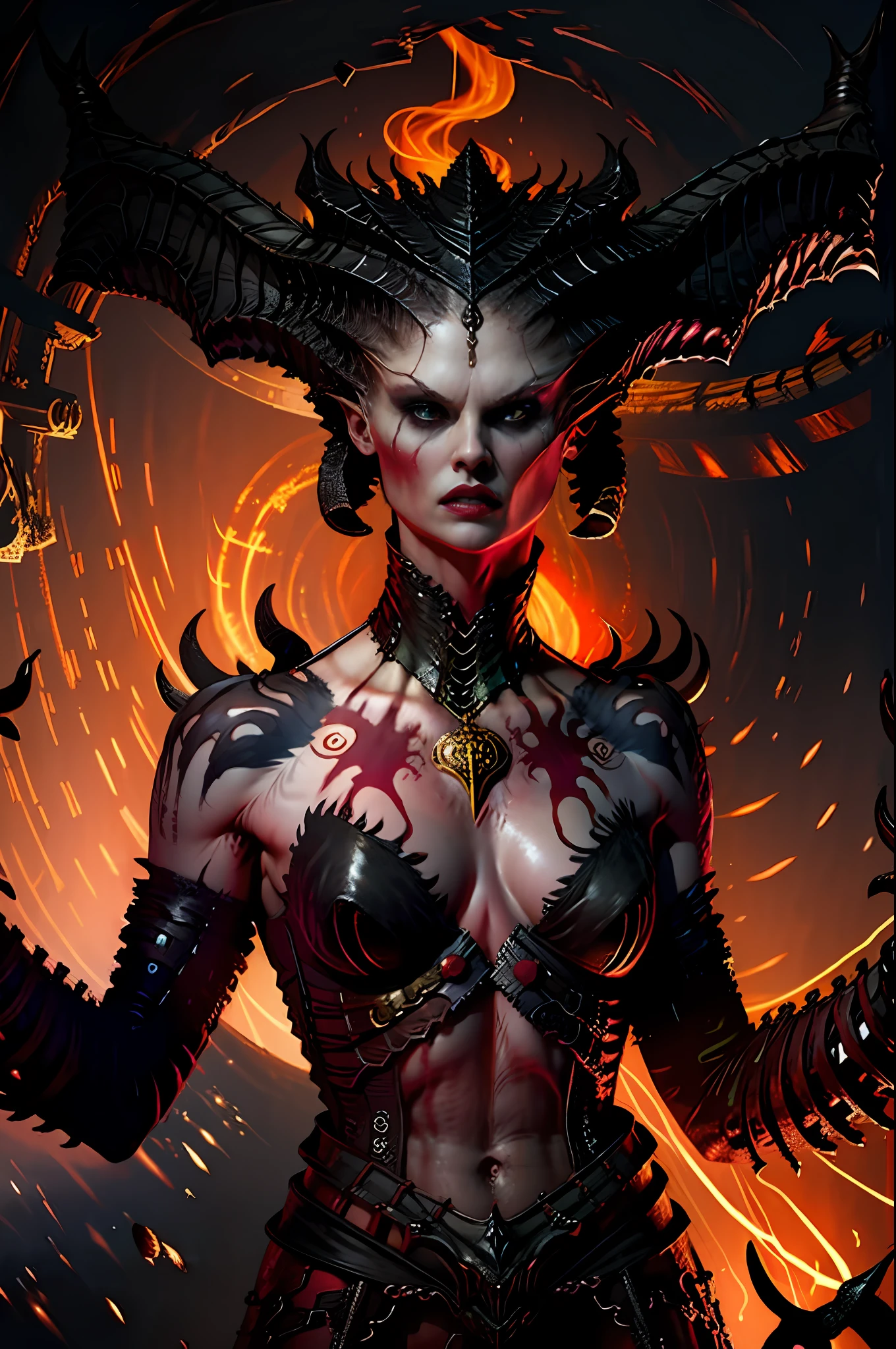 Lilith inside a church, fire, lightning, blood, whole body, in the style of D14bl0 red dramatic lights