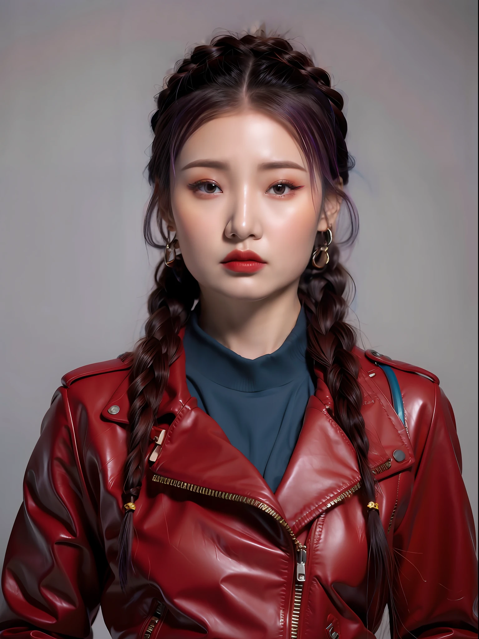 Purple-haired Araki woman in red leather jacket, portrait of female korean idol, Realistic art style, Rendu portrait 8k, Realistic anime 3 D style, realism art style, Realistic. Cheng Yi, inspired by Yanjun Cheng, Photorealistic art style, anime realism style, Guviz-style artwork, photorealistic anime girl rendering