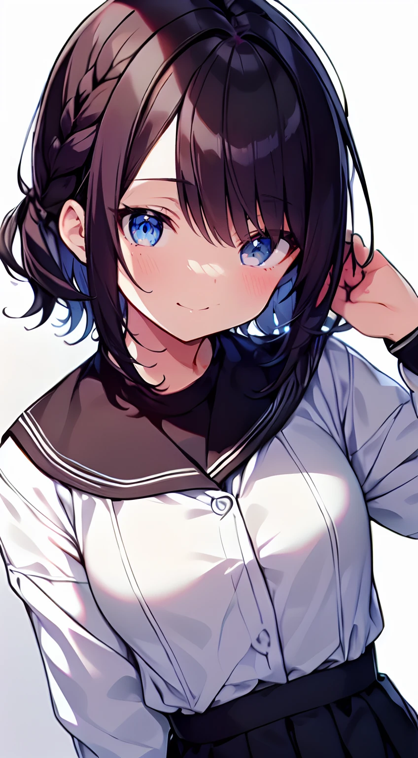 masutepiece, Best Quality,Illustration, Wallpaper, Ultra Detail, 1girl in,Solo,Beautiful detailed eyes,Very thick contour lines、Medium Short-Cut Hair、Short, Braided hair、(student clothes)、Dark hair color、a serene smile、Kamimei、Overlooking angle:1.2、small head、ample breasts