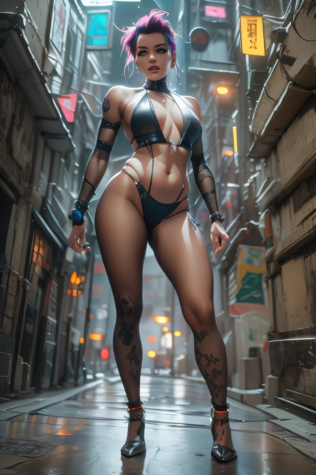 (full body: 1.2),(wonderful and sexy body: 1.2), (half naked: 1.2), (highly detailed: 1.2), (best canon EOS R6 quality: 1.2), (8k: 1.0), (dynamic posture: 1.2), (lots of large black tattoos on the head, open cybernetic head showing the inside, detailed open face, hyper detailed eyes 1 .2 ), sharp focus (awarding photo: 1.2), (subsurface scattering: 1.1) (an ultra-detailed beautiful cyborg: 1.2), (Highly detailed punk-style mohawk hair: 1.2), Neon glow, (Detailed cybernetic eyes: 1.1), (Hyperrealistic: 1.2), RPG, CyberPunk 2077 style, Dramatic lighting (Highly detailed futuristic cityscape: 1. 2), (Science Fiction: 1.2), Professional Photography, by wlop greg rutkowski jeffrey simpson alphonse mucha.