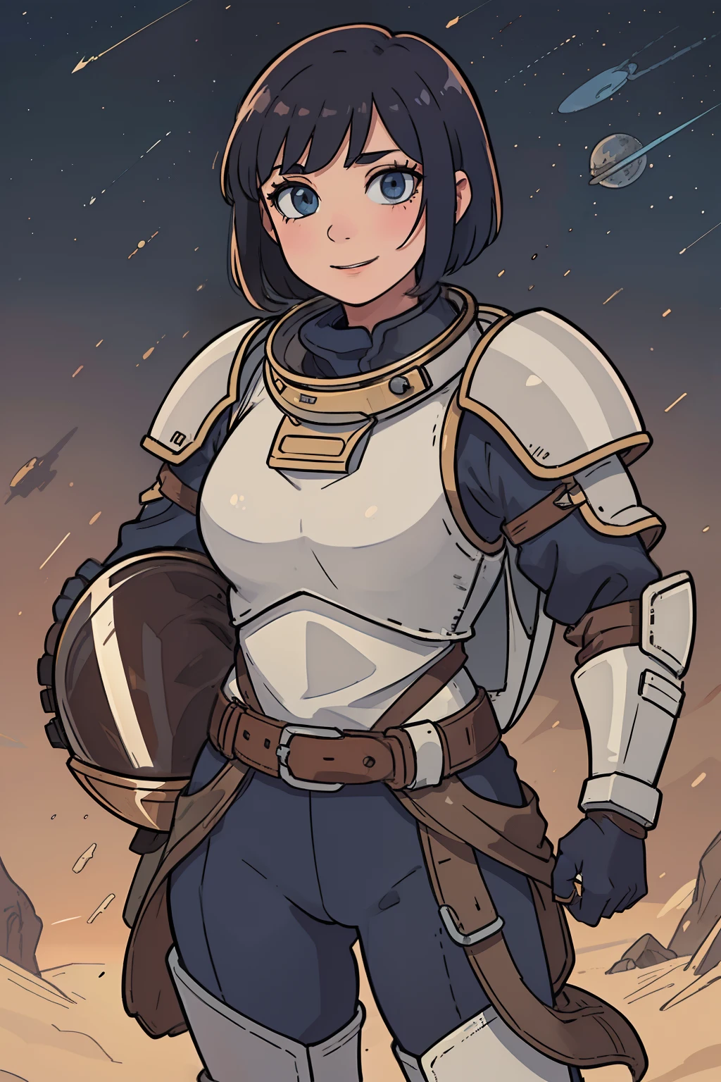 professional artwork, detailed eyes, beautiful eyes, beautiful face, flawless face, gorgeous face, smooth features, blush, short hair, very short hair, pixie cut, dark blue hair, unhelmeted head, beautifully detailed background, woman in armored space suit holding space helmet in her hands, space suit looks like knight armor, space suit, thick heavy space suit, space suit backpack, nasa, nasa punk, nasapunk, astronaut, cosmonaut, medieval knight, knight armor, leather armor and metal armor, mechanical background, sci fi, fantasy armor, full plate armor, medieval armor, knight helmet, knight visor, grilled faceplate, large helmet, oversized helmet, very large helmet, heavy collar, rustic material, heavy stitching, thick leathers, metal breastplate armored breastplate, armored chest, leather gloves, rustic craftsmanship, adventurous adventure, cute, smiling