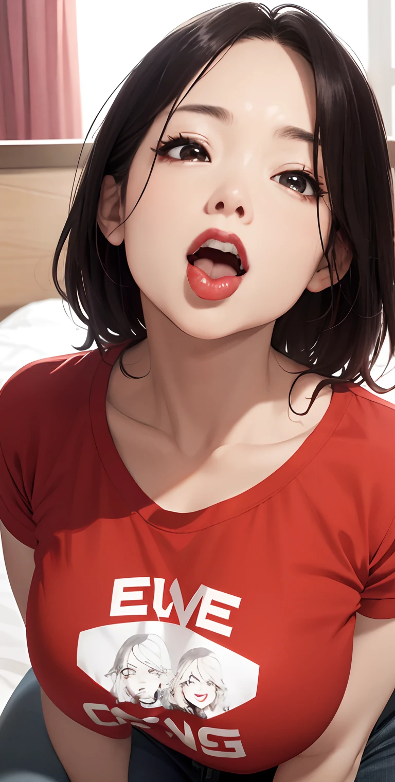 realisticlying、Two 45-year-old girls、T-shirt wearing，Face enhancement，Chest super large zoom，Cleavage emphasis，Looking up from the bottom，Blushing，Red lips，A sexy，Bed sit，Open your mouth wide and stick out your tongue、Put your arms around the back of your head、Wearing underwear