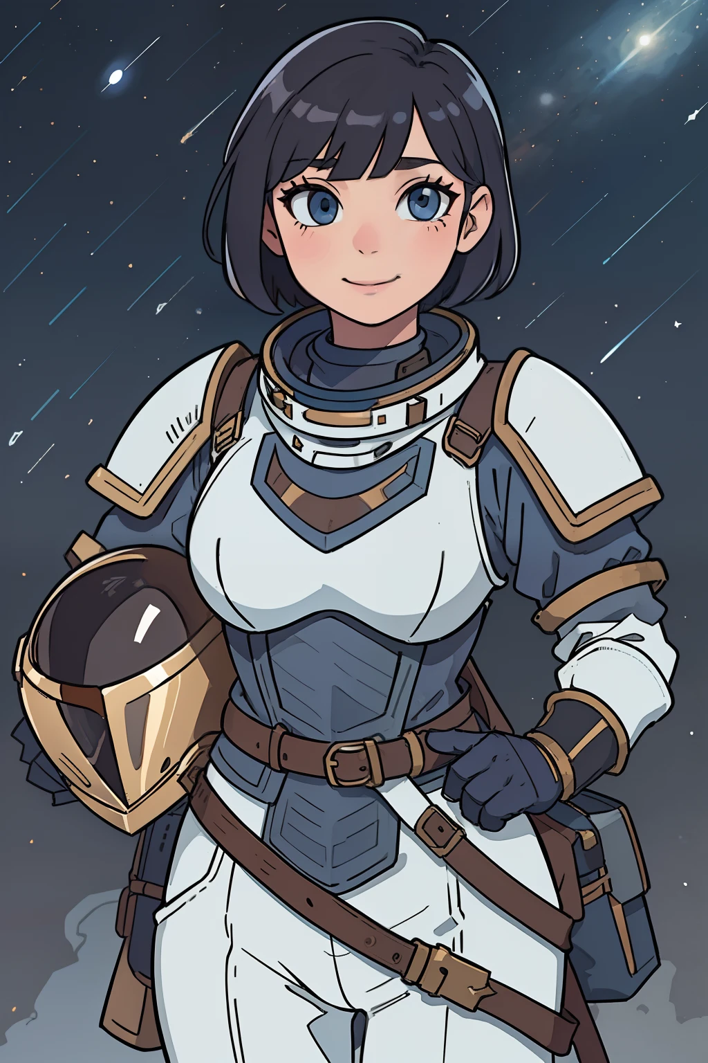 professional artwork, detailed eyes, beautiful eyes, beautiful face, flawless face, gorgeous face, smooth features, blush, short hair, very short hair, pixie cut, dark blue hair, unhelmeted head, beautifully detailed background, woman in armored space suit holding space helmet in her hands, space suit looks like knight armor, space suit, thick heavy space suit, space suit backpack, nasa, nasa punk, nasapunk, astronaut, cosmonaut, medieval knight, knight armor, leather armor and metal armor, mechanical background, sci fi, fantasy armor, full plate armor, medieval armor, knight helmet, knight visor, grilled faceplate, large helmet, oversized helmet, very large helmet, heavy collar, rustic material, heavy stitching, thick leathers, metal breastplate armored breastplate, armored chest, leather gloves, rustic craftsmanship, adventurous adventure, cute, smiling