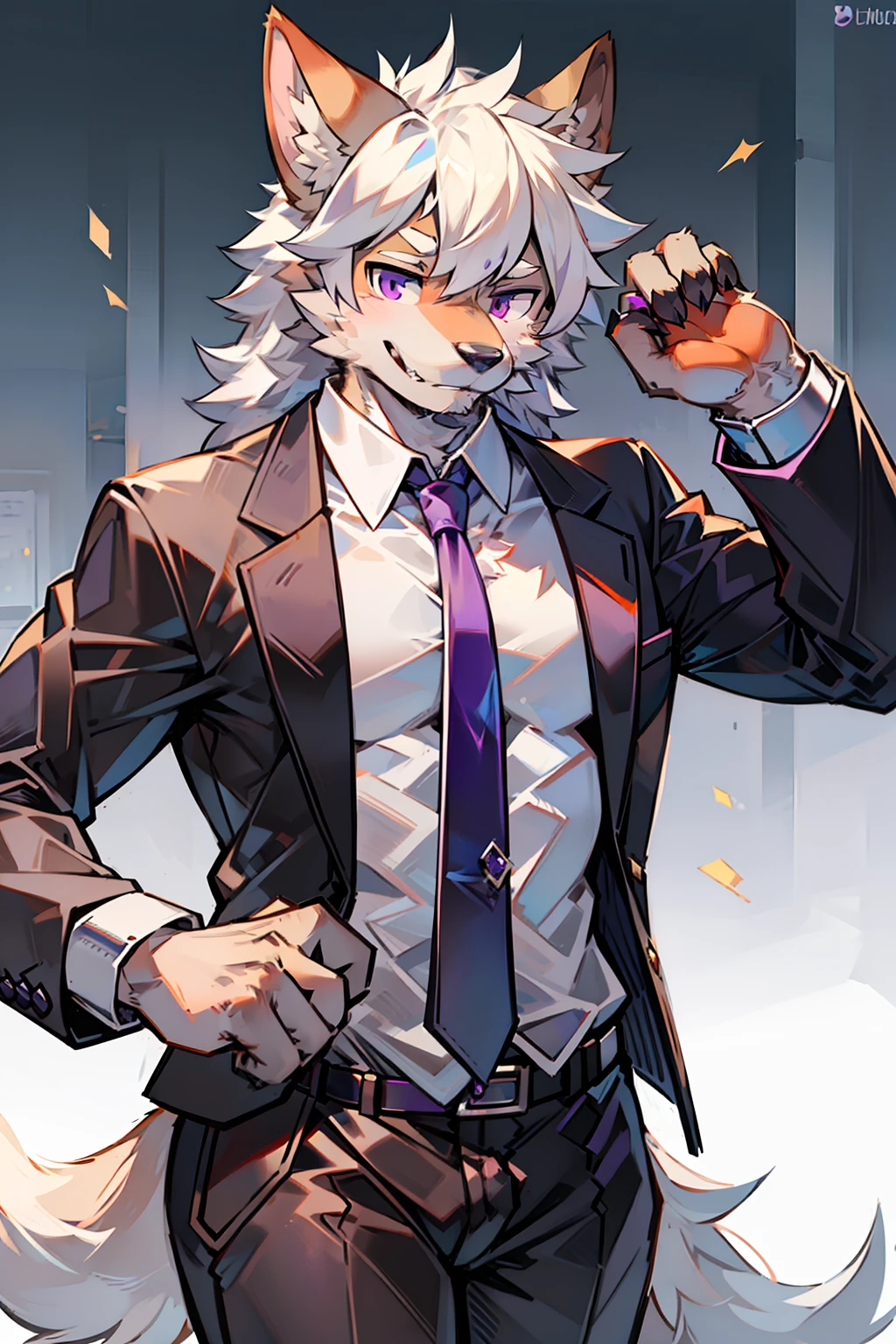 solo person,shaggy male,hairy bodies,shoun,coyote,canid,grey fur,Long white hair,The ends of the hair are purple,Purple eye,Bind your hands,Bullied,adolable,Handsome,large tail,full bodyesbian,Business suit,in company,Single eye