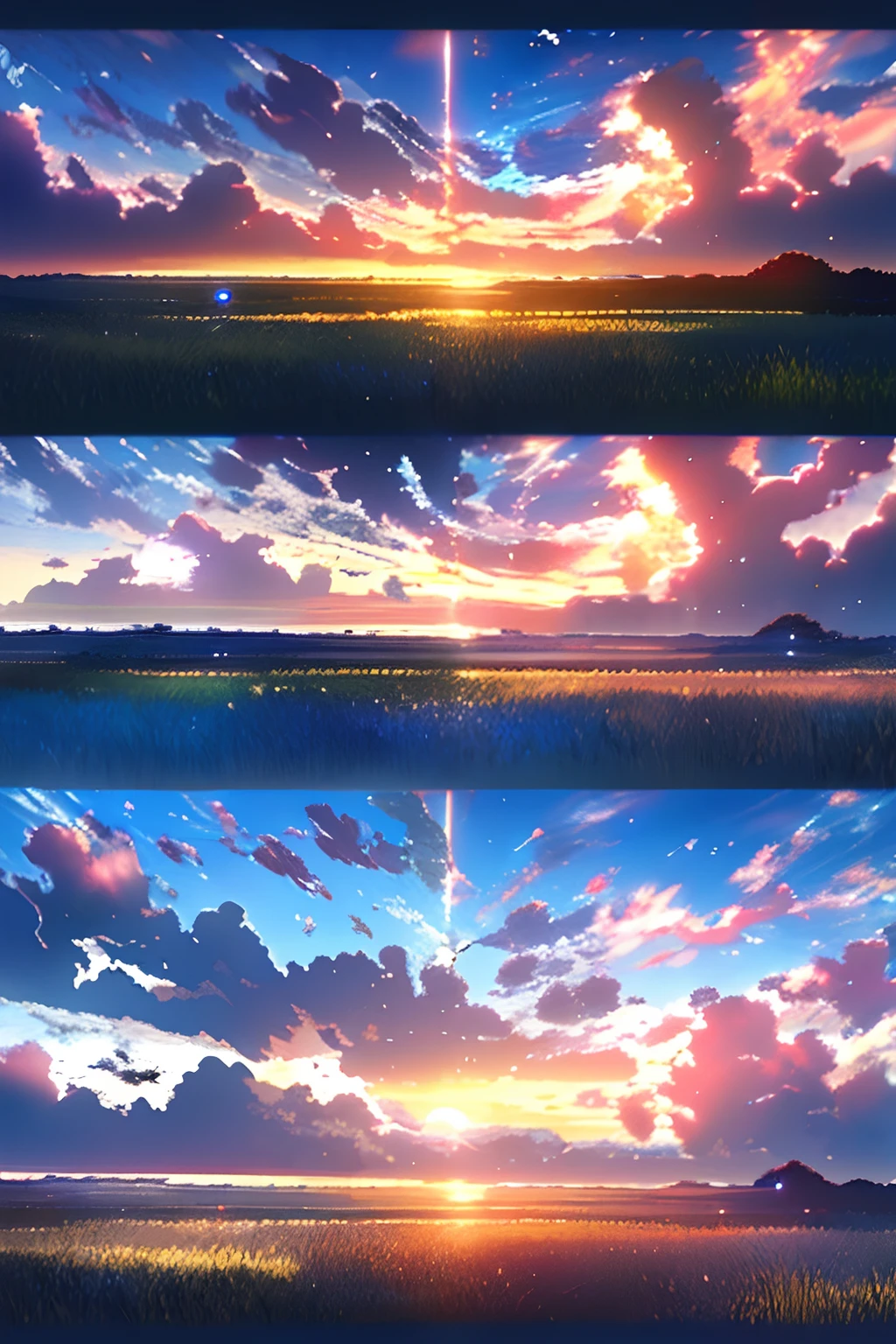 Portrait screen
Anime-style landscape，hiyao miyazaki，highest  quality，spark of light，shiny，scenecy，without humans，Skysky，​​clouds，exteriors，the sunset