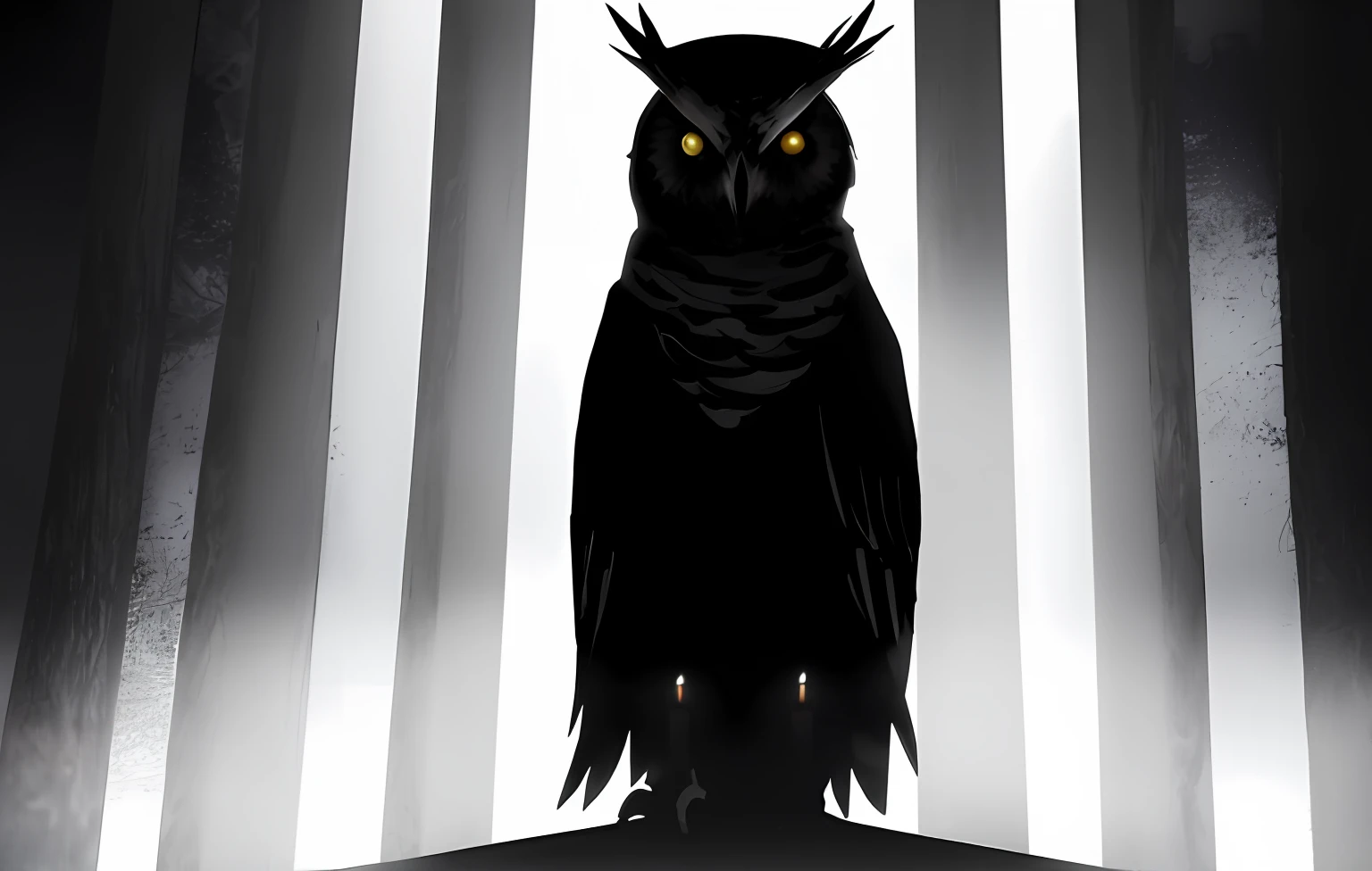 Black and white owl holding a candle :2 , standing on top of a cut tree, night time, the warm light of the candle contrast with the dark colors, evoking an eerie ambiance with its enigmatic aura and minimalist silhouette, against a mysterious dark background. a black and white minimalist owl, creating an eerie and enigmatic atmosphere, dark forest backround.