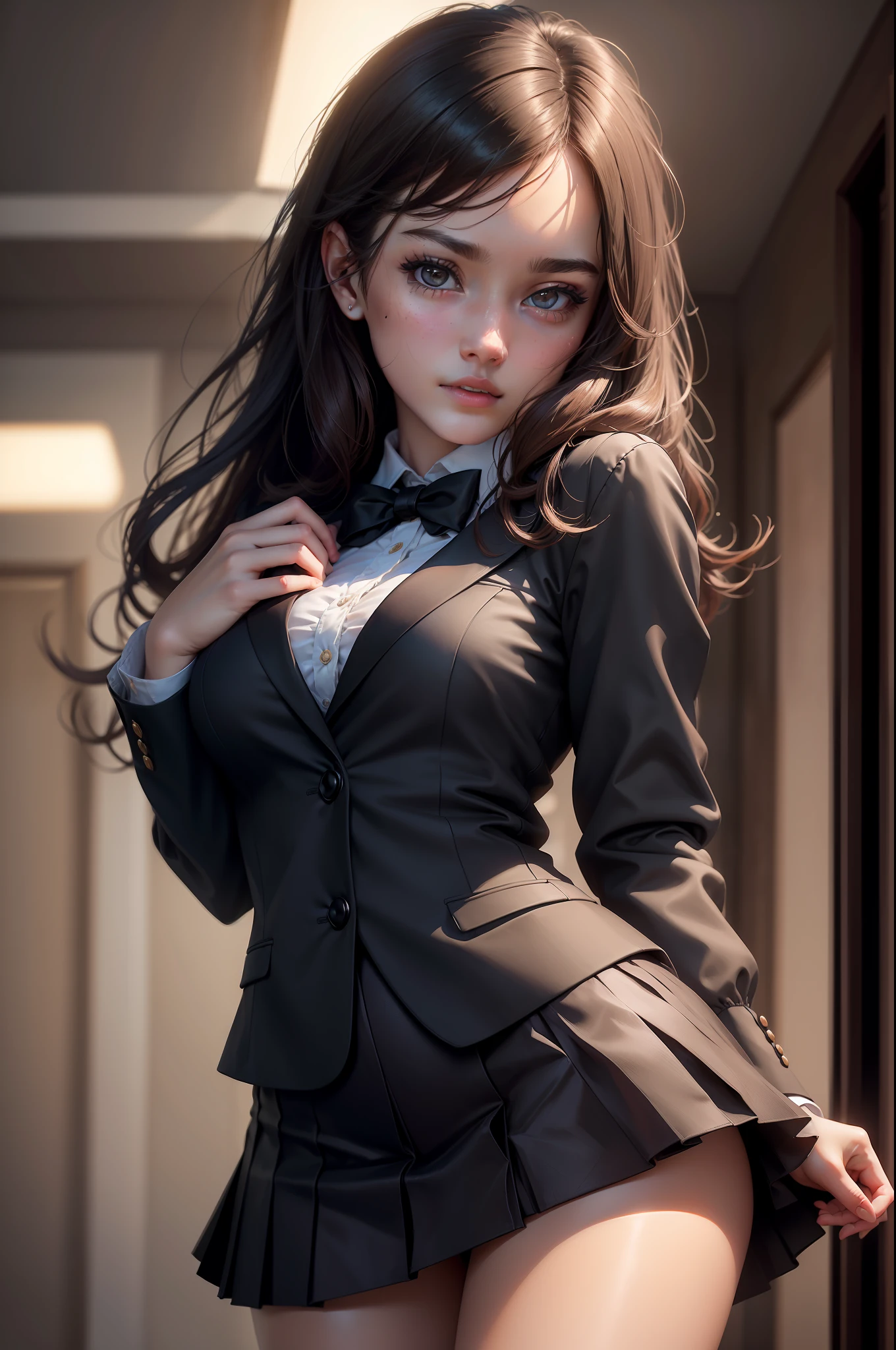 best quality, masterpiece, 1girl, Beautiful face, (photo realistic:1.3), rim lighting, (high detailed skin:1.2), 8k uhd, dslr, high quality, high resolution, 4k, 8k, Bokeh, absurdres, best ratio four finger and one thumb, (realistic:1.3), cute 1girl, wearing black formal blazer, medium breasts, short skirt,
