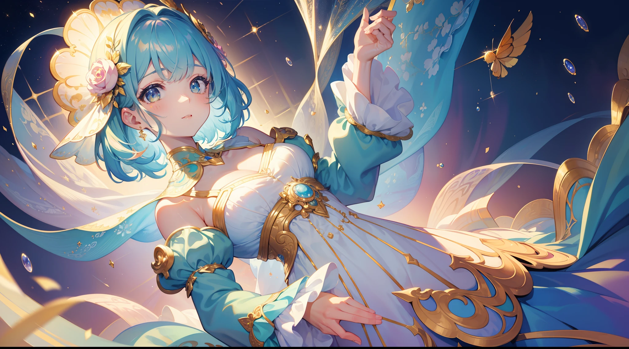 masterpiece, best quality, 8k resolution, sharp focus, intricate detail, beautiful girl, sparkling eyes, golden ratio face, otherworldly liquid, watercolor, pastel colors, bright colors, whimsical, colorful, sharp focus, high resolution, fine detail, ((layered tiered puffy long sleeves ballgown)), ((round eyes)), iridescent bubbles, fantasia background