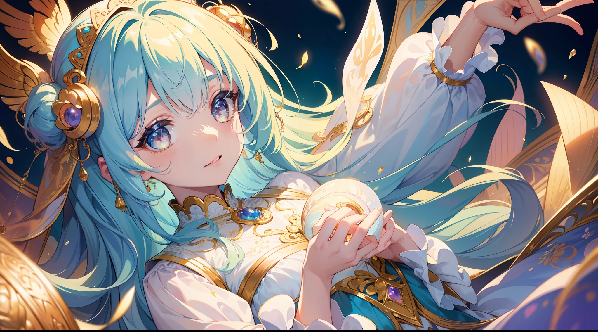 masterpiece, best quality, 8k resolution, sharp focus, intricate detail, beautiful girl, sparkling eyes, golden ratio face, otherworldly liquid, watercolor, pastel colors, bright colors, whimsical, colorful, sharp focus, high resolution, fine detail, ((layered tiered puffy long sleeves ballgown)), ((round eyes)), iridescent bubbles, fantasia background