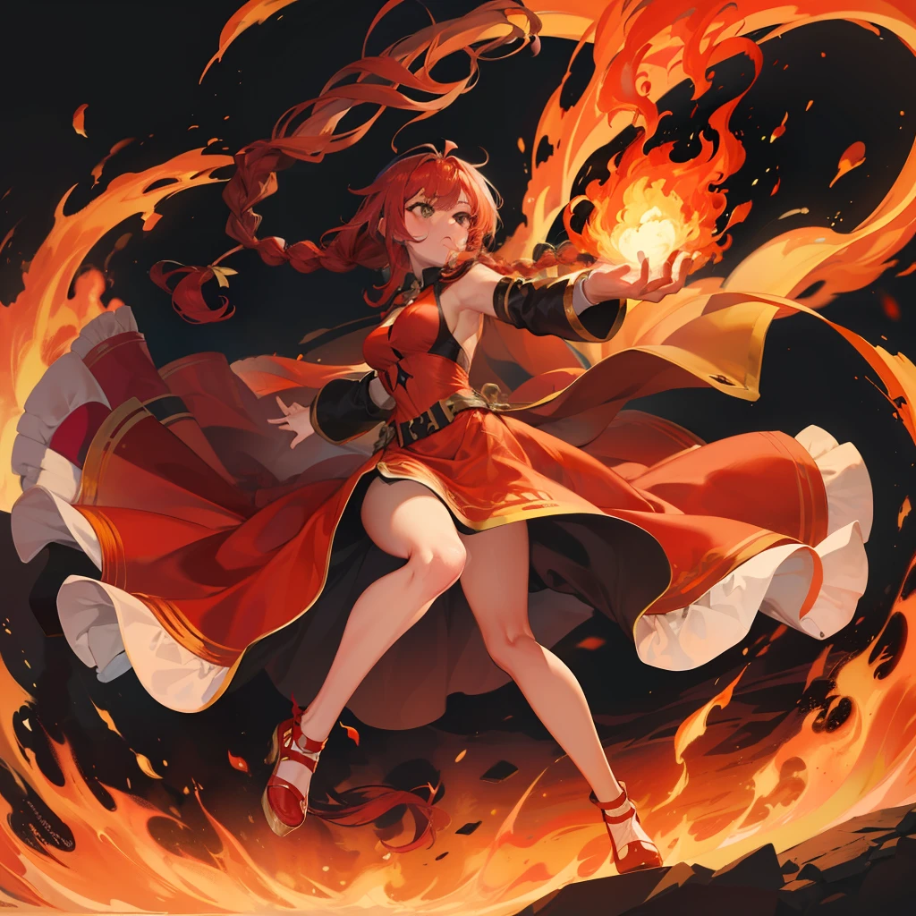 (1girl,solo),full body, gradient_background, ((burning,breathing fire, explosion,fiery tail)), torn clothes,cape,horns,holding_sword, 
