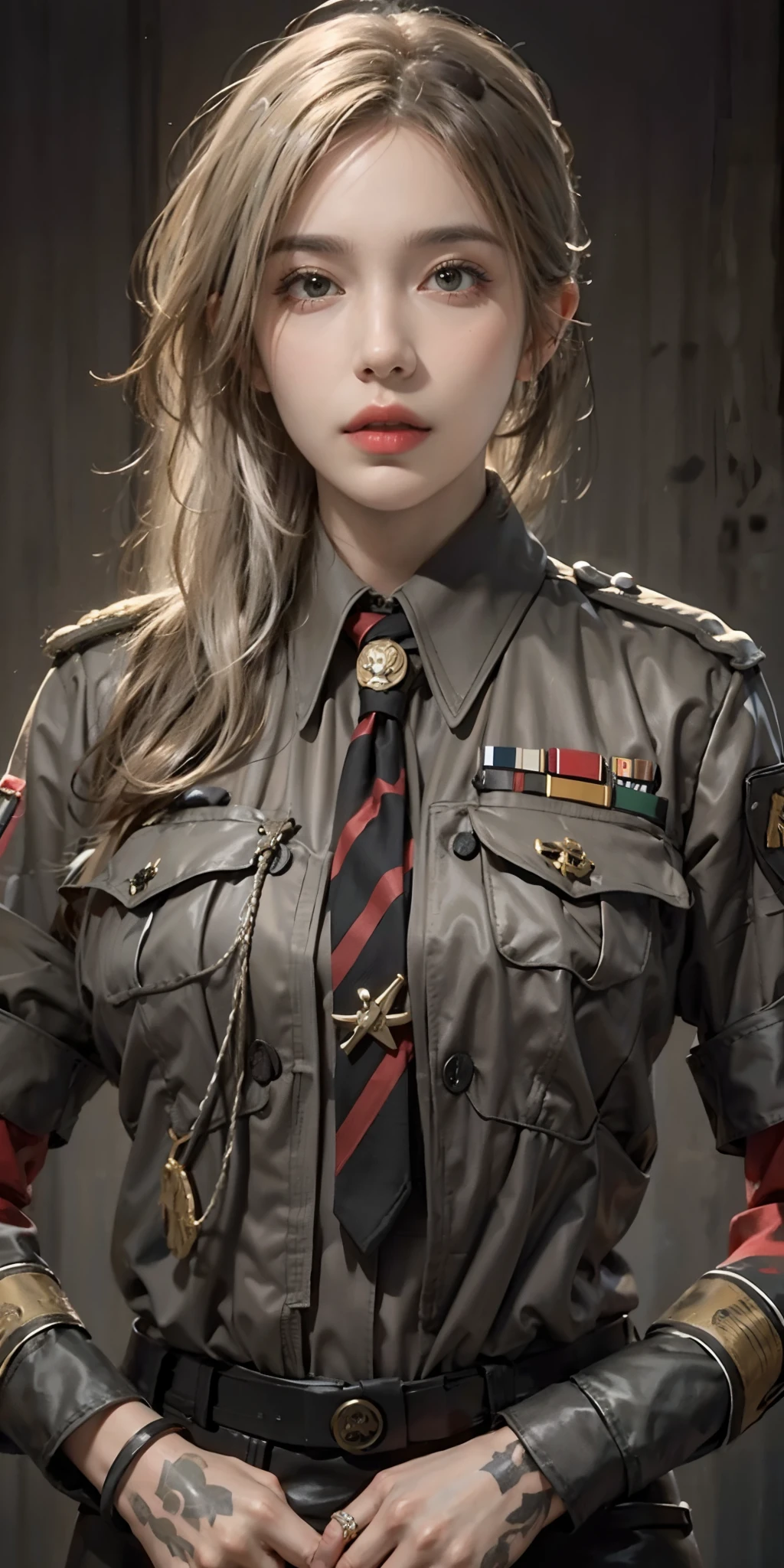 photorealistic, high resolution, soft light,1women, solo, hips up, (detailed face),tattoo, jewelry, badge, necktie, german/(military uniform/), pencil skirt