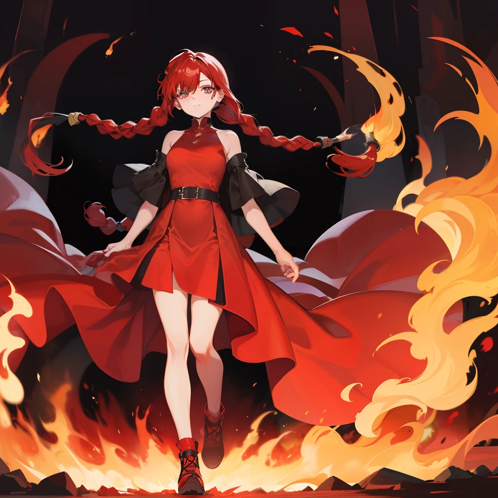 Against the background of the fire element,Big red hair,With a long braid,Wearing a red dress,The legs are worn with knee-length black silk