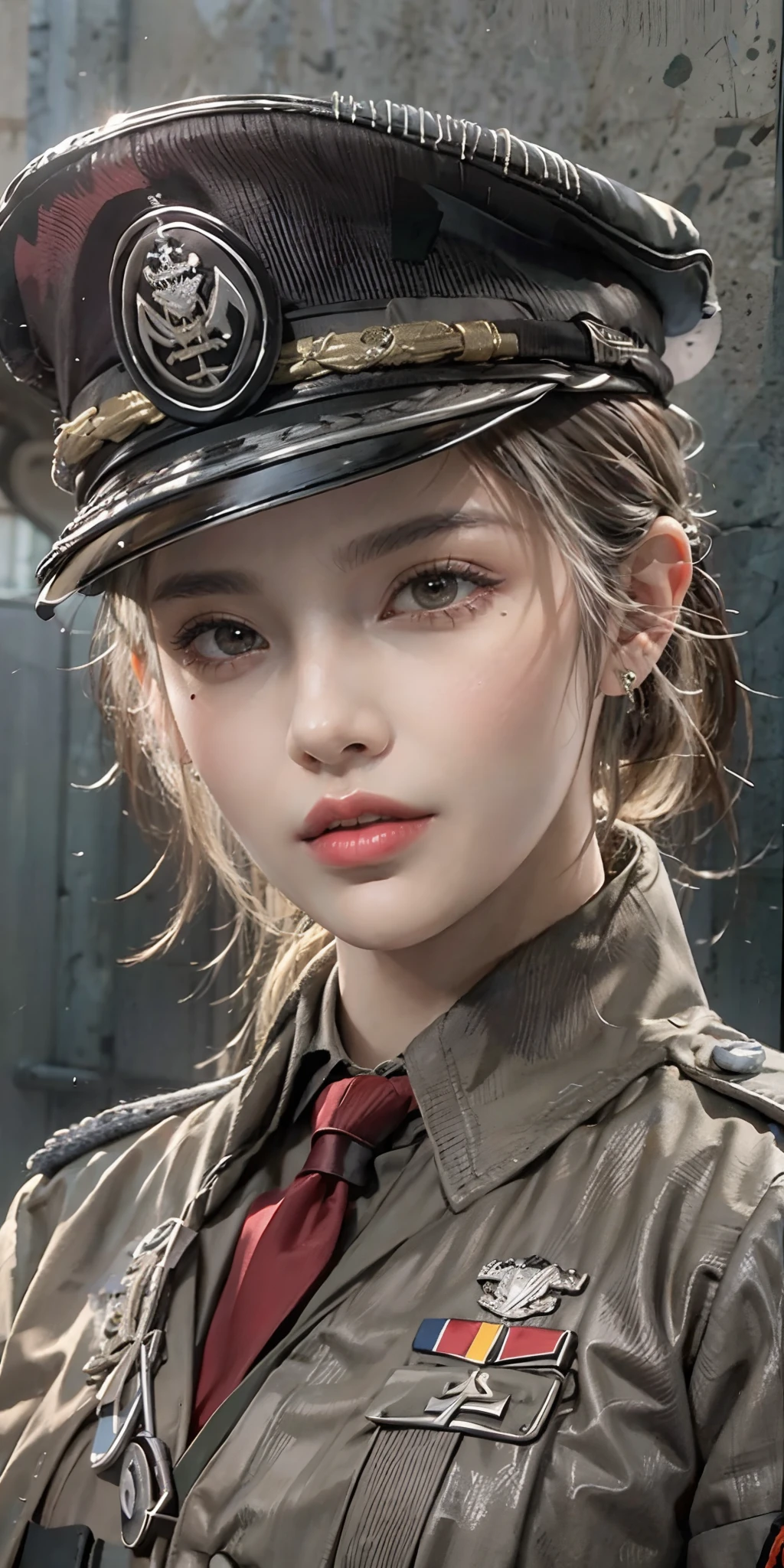 photorealistic, high resolution, soft light,1women, solo, hips up, (detailed face),tattoo, jewelry, badge, necktie, german/(military uniform/), pencil skirt