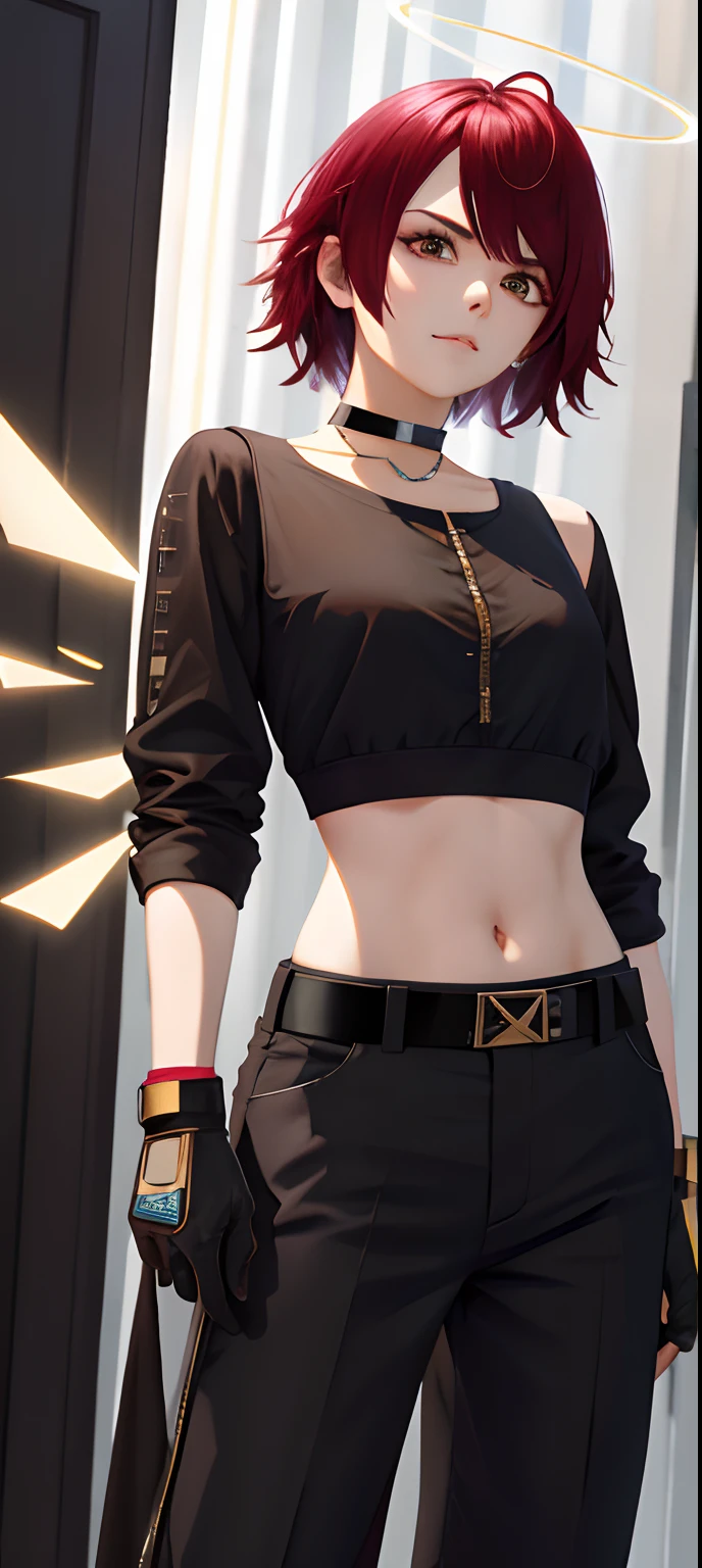 tmasterpiece， Best quality at best， A high resolution， dob1， long whitr hair， angelic halo， crop tops， brown gauntlets， midriff， black shirt， a black choker， Black pantsuit， Thick eyebrows， cowboy lens， standing on your feet， exteriors，