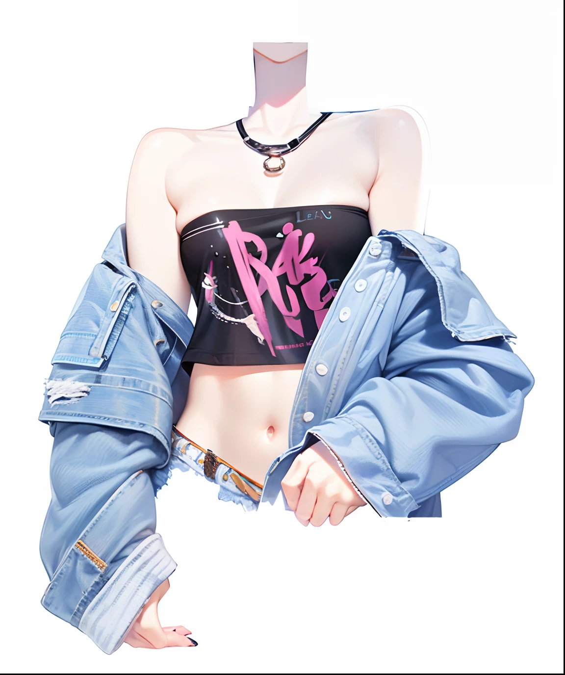 Woman with Lakafi fashion illustration, Digital rendering inspired by Mirko Lachiki, Tumblr, Pop art, detailed fashion illustration, style of hajime sorayama, hajime sorayama designed girl, ( ( ( wearing a jeans jackets ) ) ), Blue jeans. Unreal 5, Edited