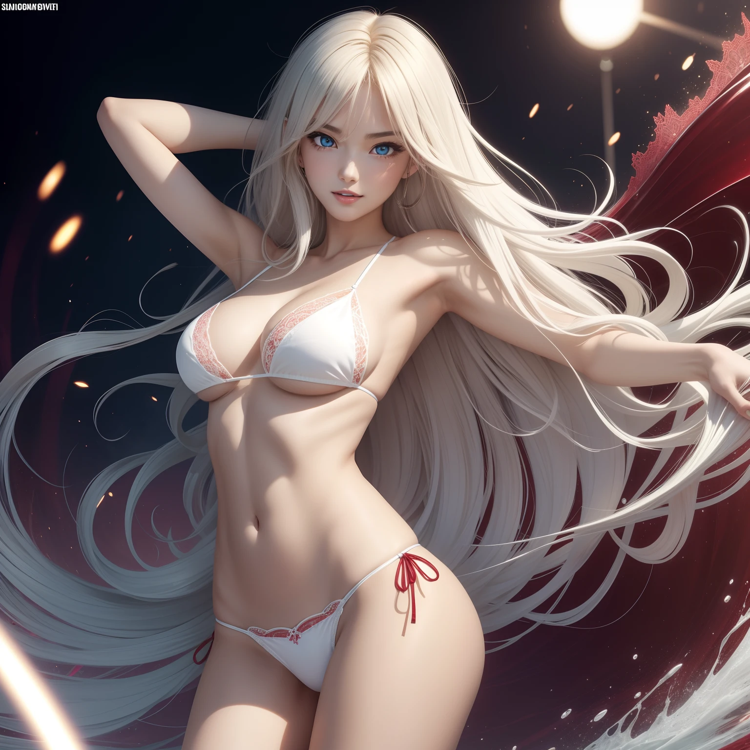 high image, super detail, high resolution, anime, manga, illustration, intelligent beauty, laugh like a prankster, happy, shy, adult face, make up, ecstatic expression, amorous expression, seductive look, flowing layered messy white glossy medium short wavy hair, speed line, sparkling blue big eyes, alluring moist red lips, lace thong micro bikini, skimpy bottom, medium breasts, under boob, side boob, great proportion, perfect proportions, slender, full body, armpit