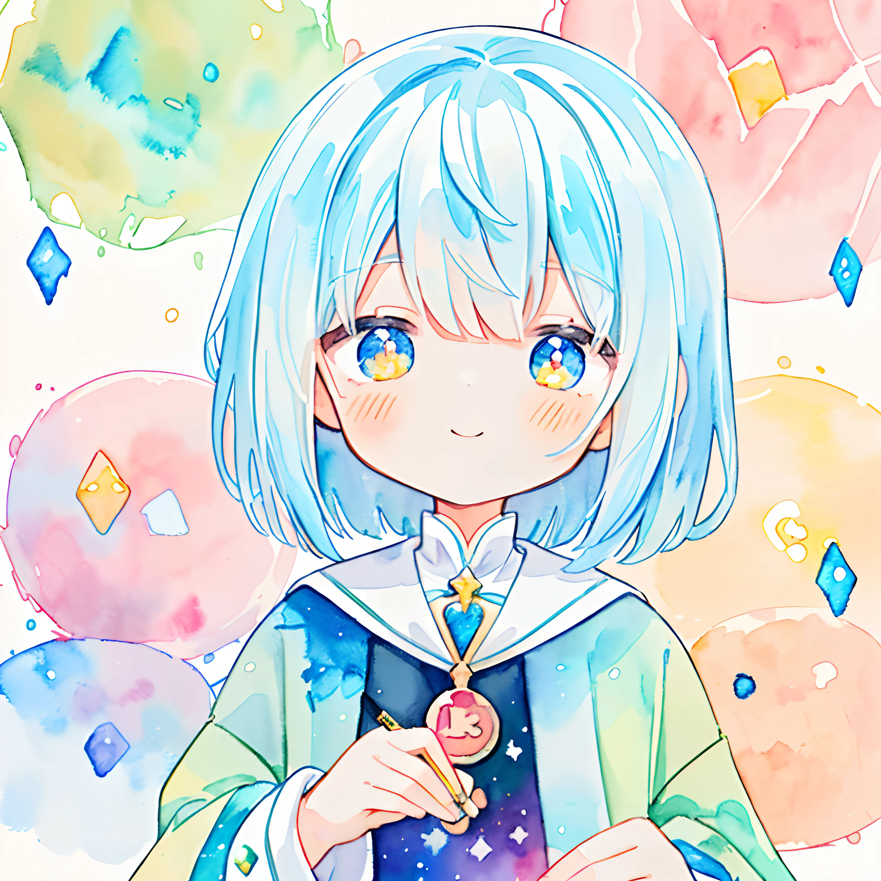 (pastelcolor:1.3)、(cute illustration:1.3)、(watercolor paiting:1.1)、Background with、1girl in、A smile、beautiful with detail、moya、extremely colorful、marbled、Particles of Light、patterns、(Lovely Backgrounds:1.3), (Highly detailed tactile feel:1.3), ///, Short hair, (full bodyesbian), (magia:1.3), from below、mistic、Ethereum、Bitcoin、Cryptocurrency traders
