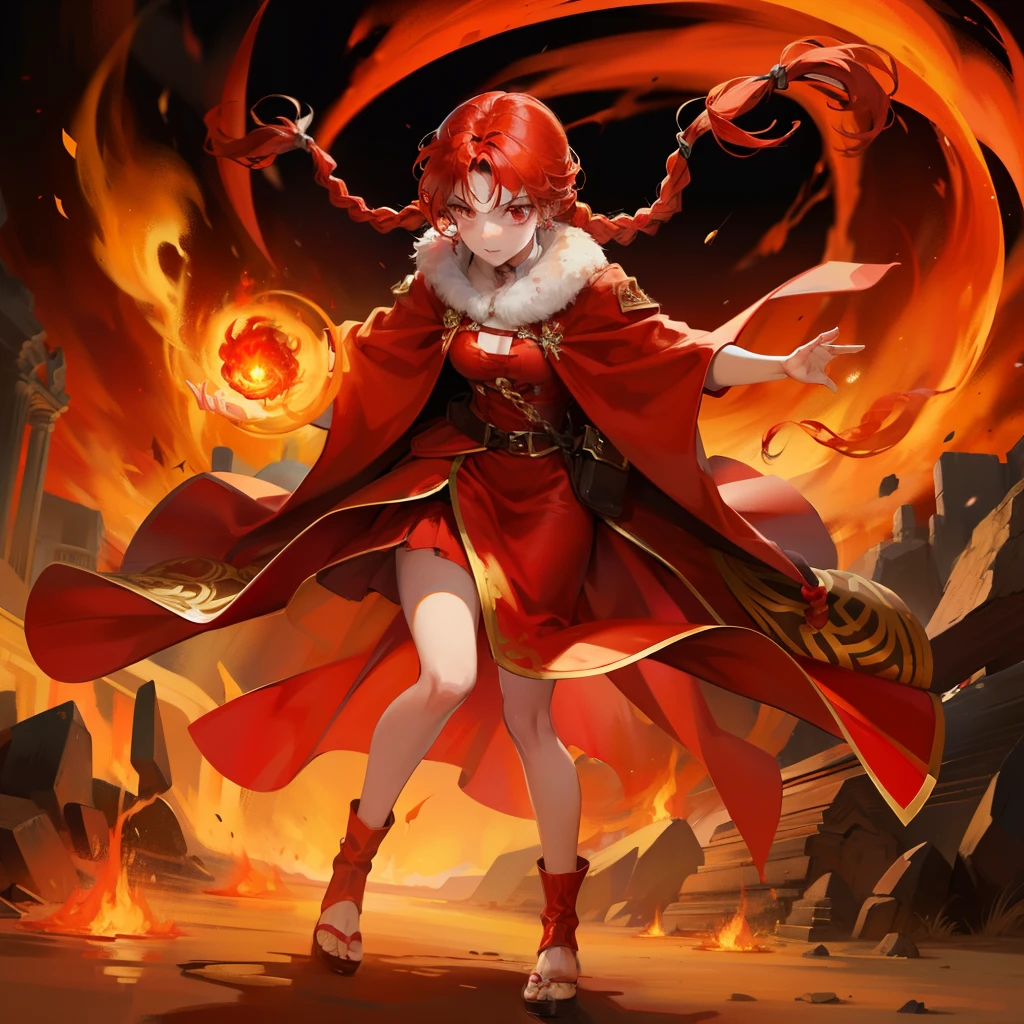 Against the background of the fire element，Big red hair，With a long braid，Wearing a red dress，The legs are worn with knee-length black silk