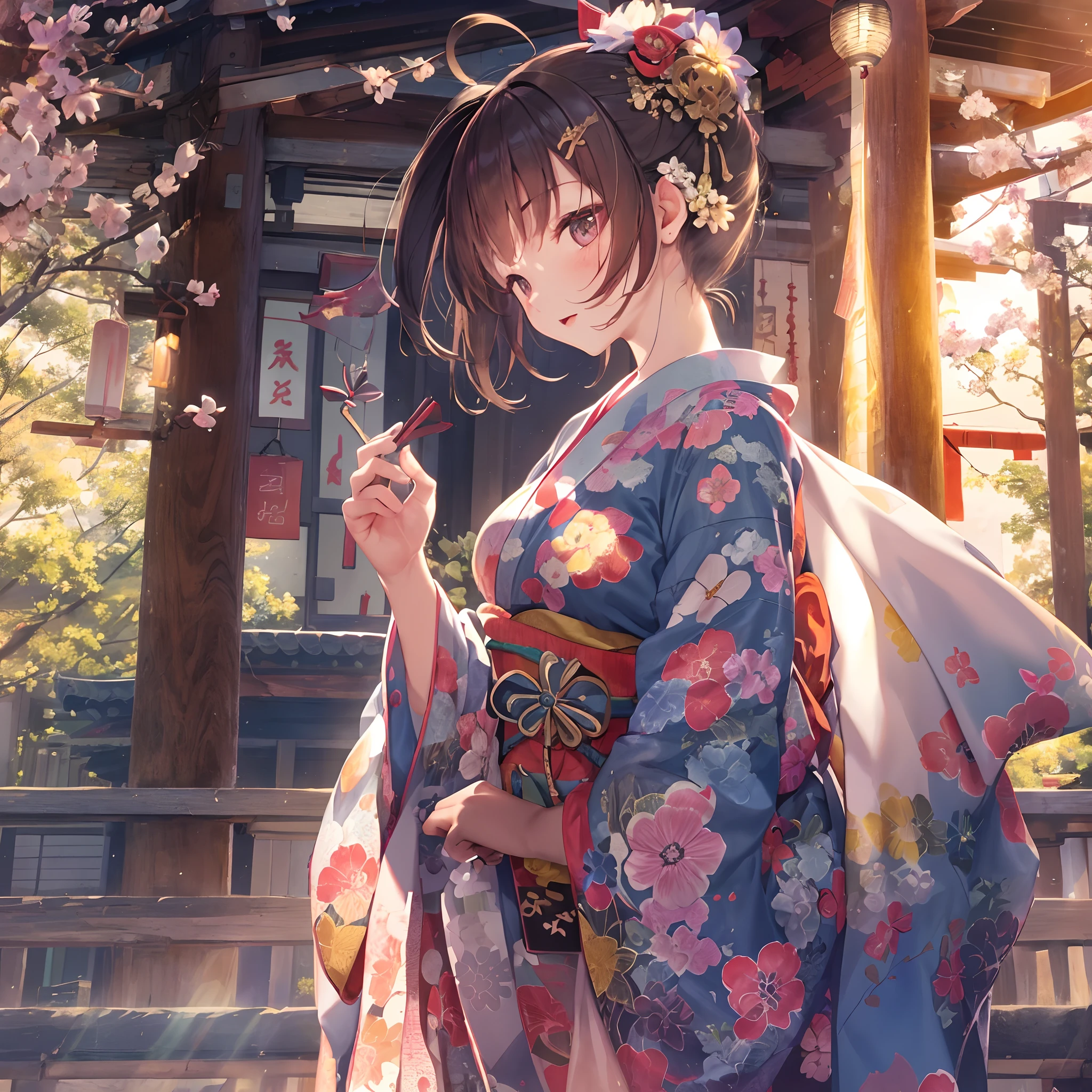 夏天、While the sunset casts a gentle light on the shrine、 girl in yukata standing。The yukata she wears is、Artistic patterns drawn in high resolution、It has a detailed design。Yukata fabric fluttering in the wind、Colorful and beautiful、Among them her figure stands out。The photo taken from the side is、Elegant poses and shrine scenery harmonize、It leaves the impression of a wide work of art.、hight resolution、high-level image quality、8K、16 K