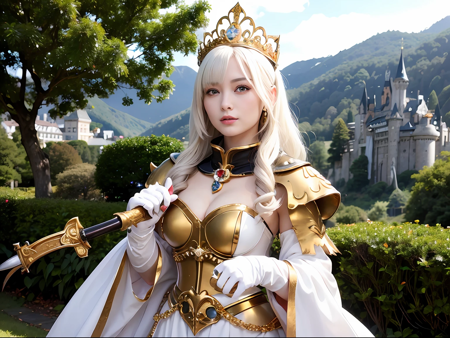 (masutepiece), Professional , ​masterpiece、top-quality、photos realistic , depth of fields （Gemstone Silver Metal Body:1.９),(Matte White、Jewel Gold Weapon、（Gorgeous castle background）、（ultimate beauty girl）、（Jewel Metal Body:1.４),Gorgeous Jewel Metal Weapons , Detailed Sword of the Brave ,（ Soldier background in metal armor）   ,warhammer 40k , adepta sororitas,Detail and ornate jewel crown、独奏、Black hair、（Gangle's forest background）、Beautiful Caucasian beauty、１a person、dynamic ungle,(((Diamond tiara with detail and luxury)))、a small face、A smile、Powerful poses、（Gorgeous castle background）、huge filesize、20 year old beautiful woman、Stand in the center of the screen、Thin female fingers、Straight long hair、Beautiful Caucasian beauty、Whole body、,Luminescent particles,light scattering,Tindall Effect、