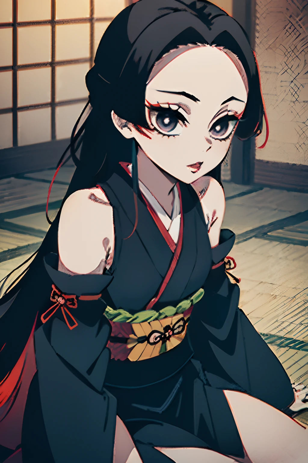 Kimetsu no Yaiba style, 1girl, 独奏, kblack eyes, bright red hair, extra very long hair,   ((Masterpiece)), ((Masterpiece)), (((hiquality))), japanese clothes, black kimono, Sleeveless, detached sleeves, black nails, blue shadows,  little chest, Bare thigh, deep neckline, indoors, on the tatami