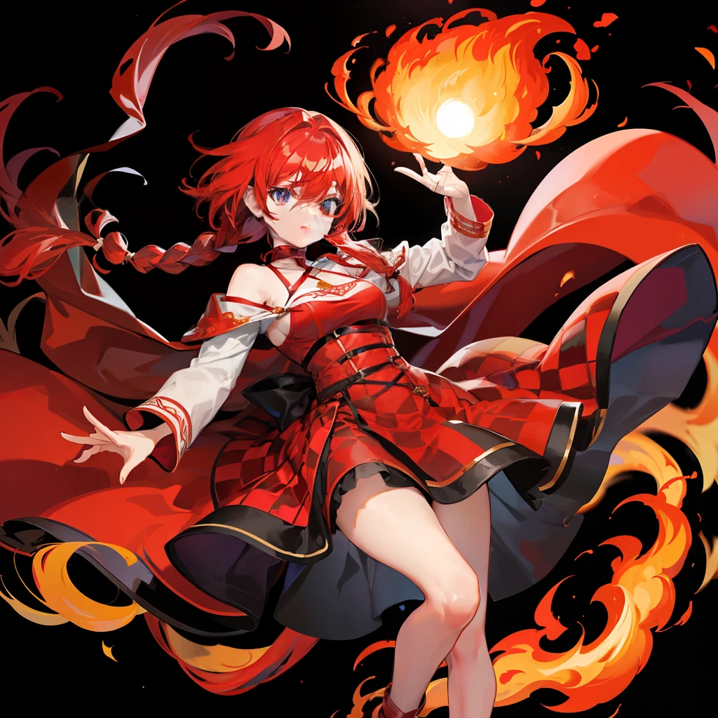 Against the background of the fire element,Big red hair,With a long braid,Wear a magical red checkered dress,The legs are worn with knee-length black silk